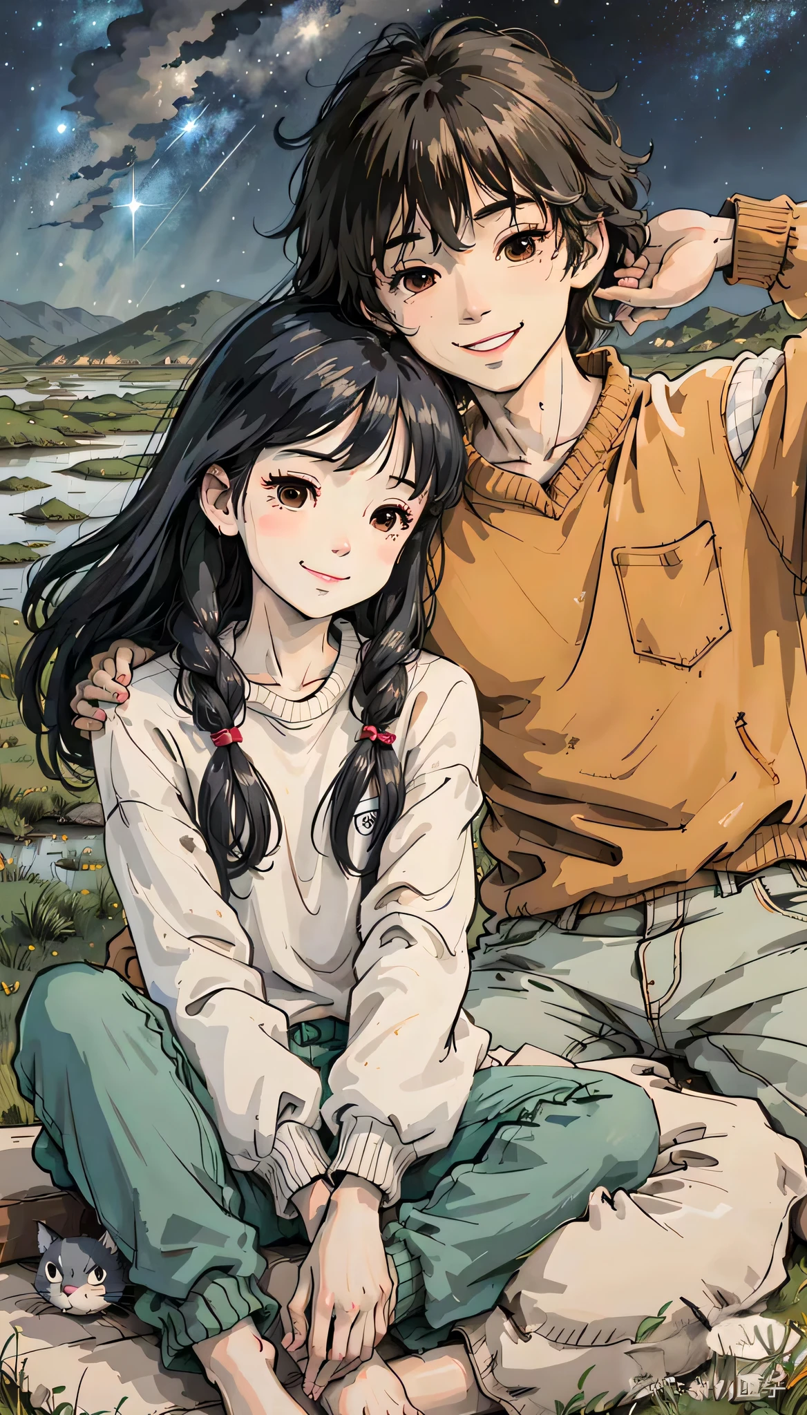 Anime couple sitting on the ground，The background is more starry sky, 4k manga wallpapers, moebius and makoto shinkai, comic strip, guweiz and makoto shinkai, guviz style artwork, sakimichan and makoto shinkai, beautiful anime art style, fiona staples and makoto shinkai, Anime style illustration