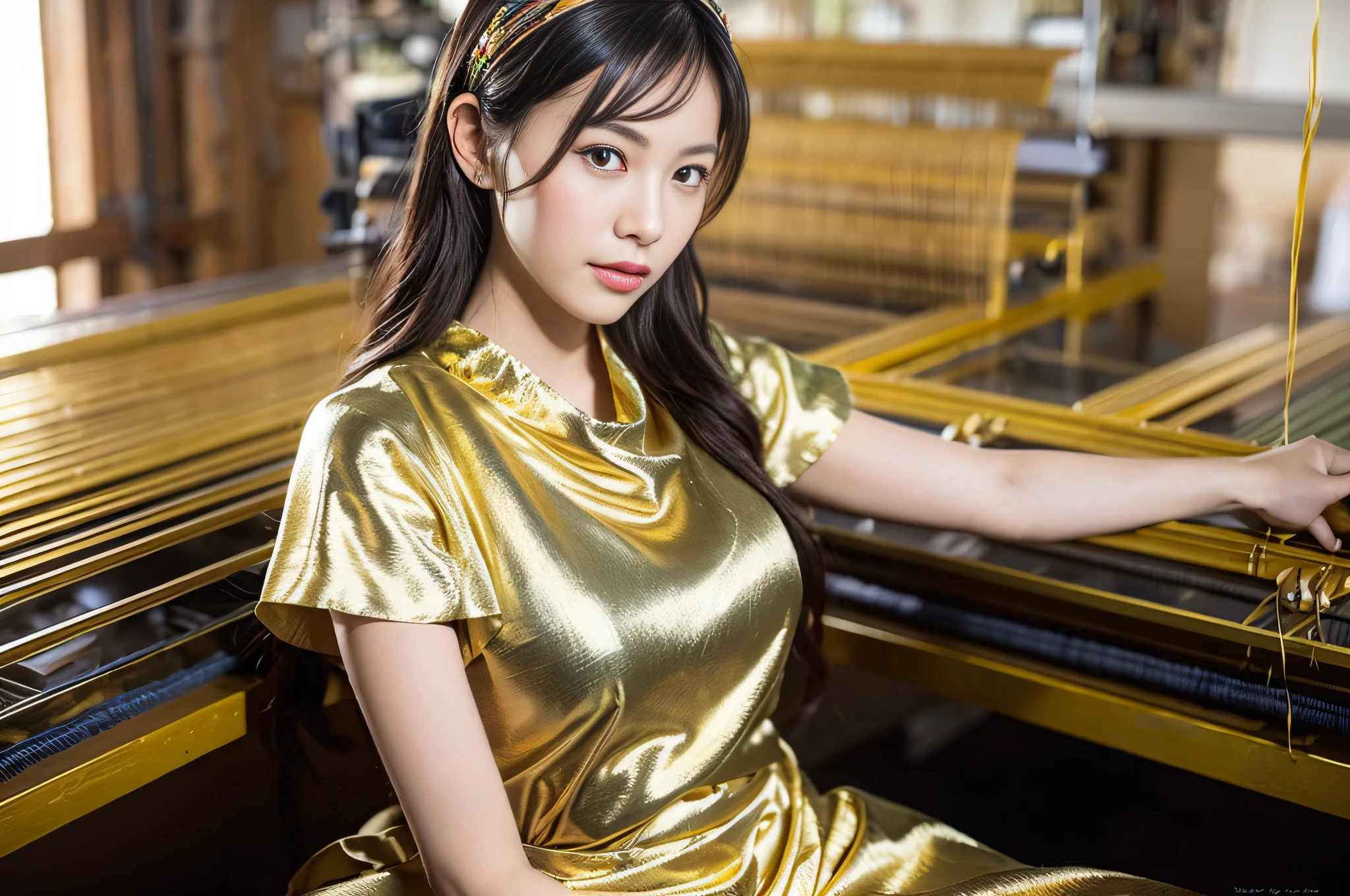 Silk Weaver (Mid 20th Century): A (pretty young woman:1.1) with long, dark hair, twinkling black eyes, golden skin, wearing a vibrant Thai silk (work dress:1.2), and a headband, (shuttle:1.1). She operates a traditional handloom within a silk weaving workshop, with stacks of multi-colored silk threads and looms producing the distinctive shimmering fabric.