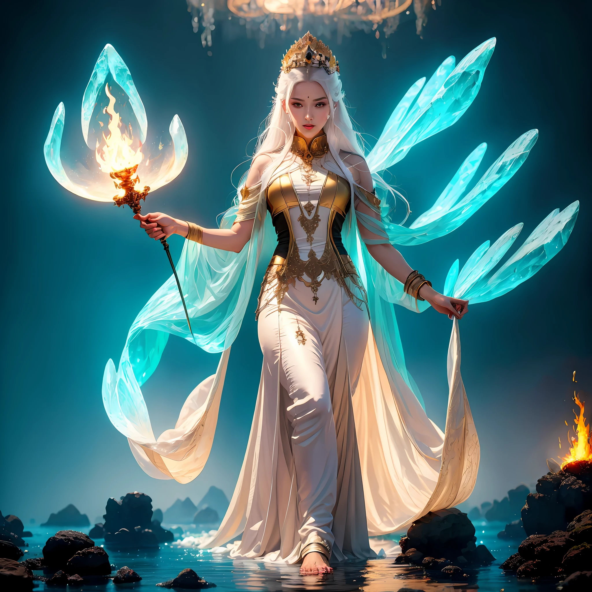 A woman in bizarre costume holding a fiery wand,Full close-up, Standing barefoot in a disc on the water,Fire in the hands,A circle of fire around the body,The background is the world of ice,It's all castles made of ice,A house built with ice,Endless icicles,Wacky ice building,Dark blue light,Spooky atmosphere,Towering spires,Mysterious flames rise everywhere,Mysterious atmosphere,Lots of oil lamps,Red flame,Art germ on ArtStation Pixiv, Goddess of Light, IG model | Art germ, anime goddess, beautiful celestial mage, white haired deity, cushart krenz key art feminine, a beautiful fantasy empress, concept arts | Art germ, Artgerm style