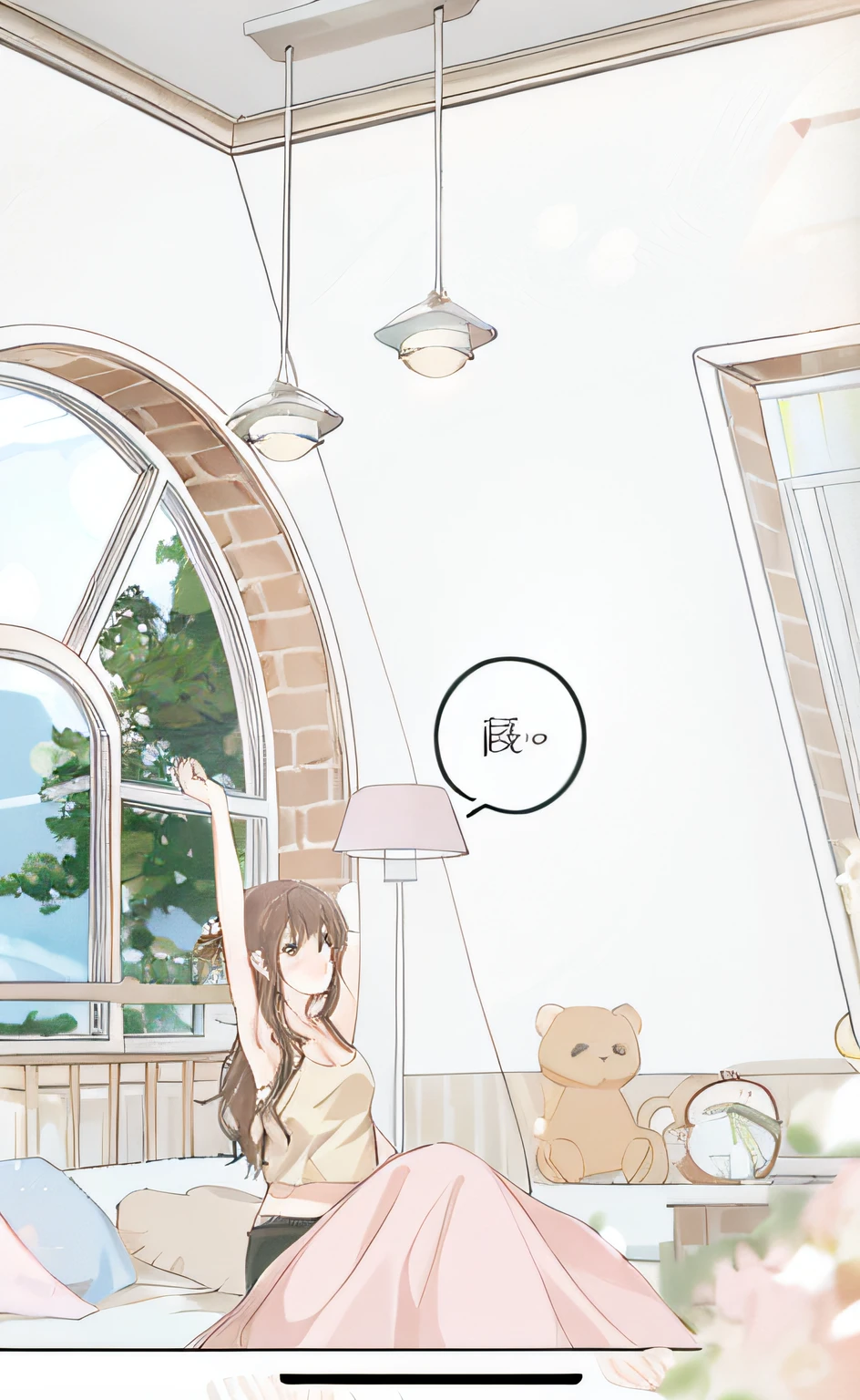 The girl just got up in bed，Stretch out，Delicate portrayal of facial features，Delicate long hair portrayal，Perfect hand carving，Large window environment in the background interior，4K HD quality，Light