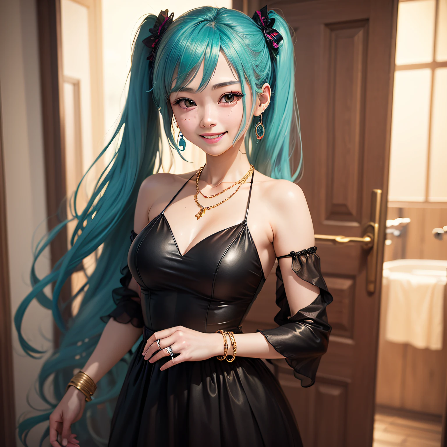 best quality、High Detail、Most Real、high resolucion、1 Beautiful Girl、She is Hatsune Miku、She's looking at me and smiling、Treasury、Lots of wad、Gold Ingot、gemstone、rings、neckless、diamond、ruby、Sapphire、Plata、pearls、ear ring、Bracelet、Nouveau riche hobby、Flashy costumes、Fancy Necklaces、Fancy earrings、Fancy bangles、Fancy rings