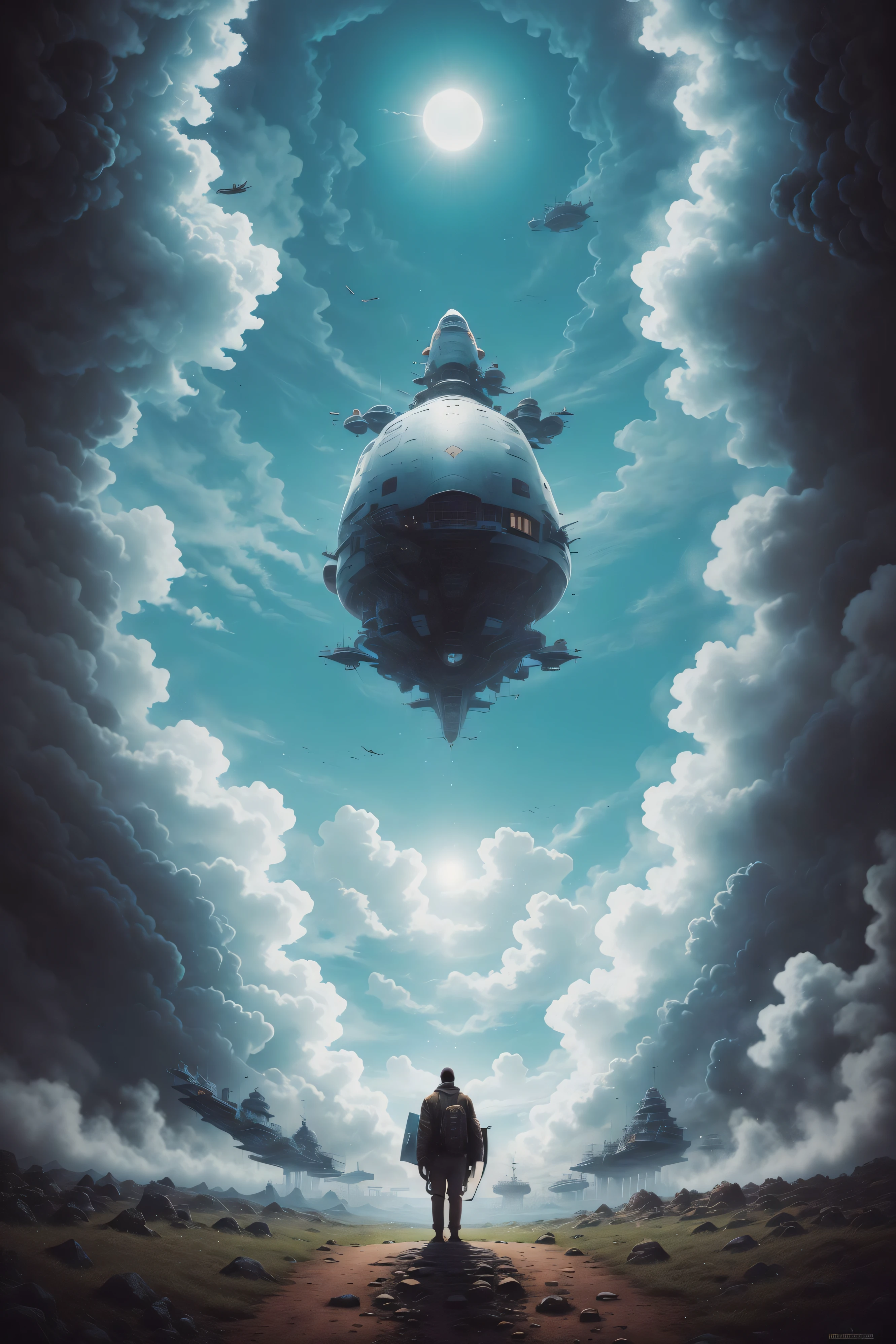 best quality,masterpiec,Megalophobia,giant phobia,giant [neowrsk:whale:0.7],cloud,sky,in sky,A man looks up on the ground,low angle,Symmetrical composition,whale