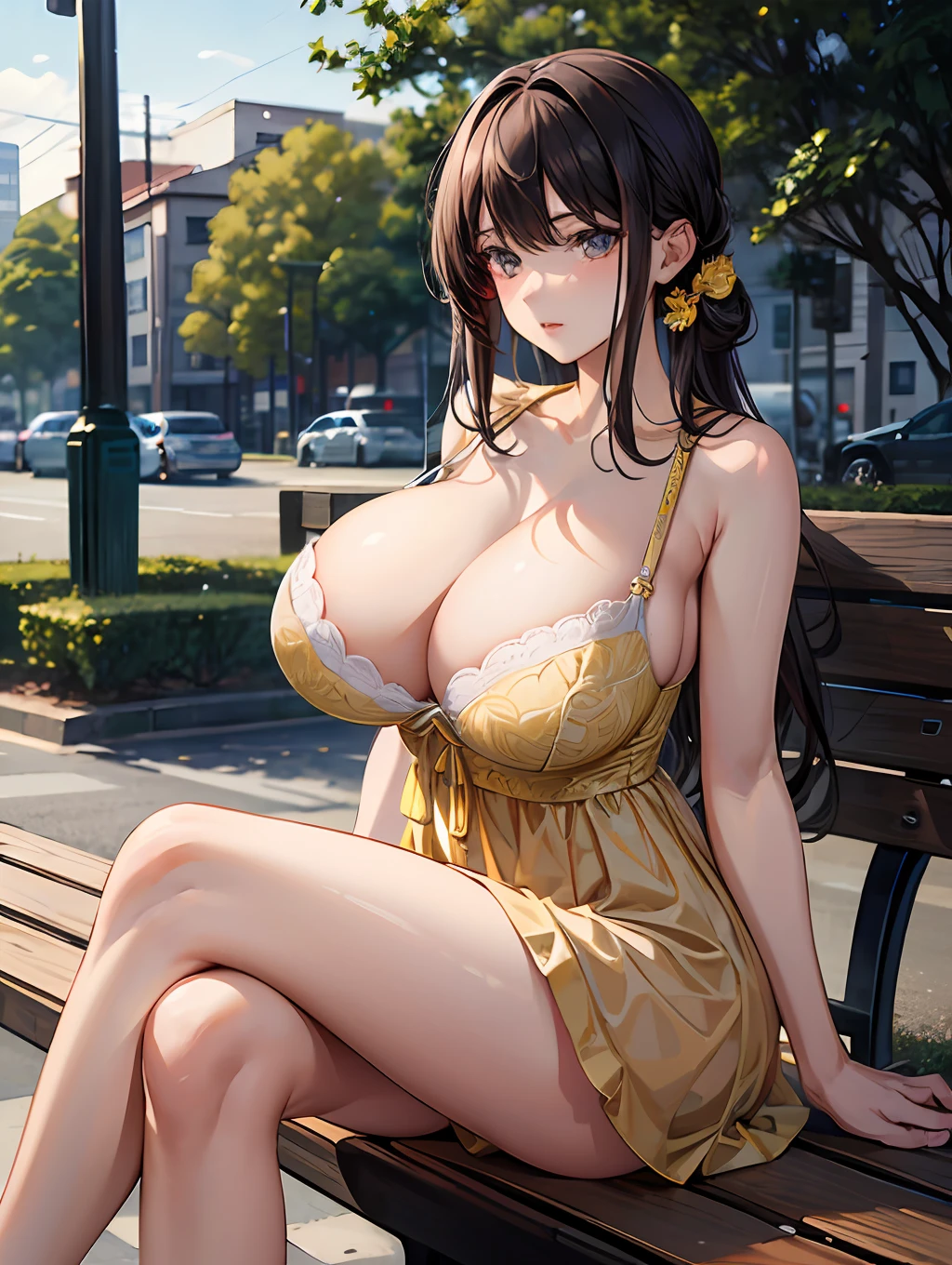 (masterpiece), best quality, expressive eyes, perfect face, mature woman, light summer dress, yellow dress, huge breasts, cleavage, bra, outdoors, sitting on the bench, crossing legs,