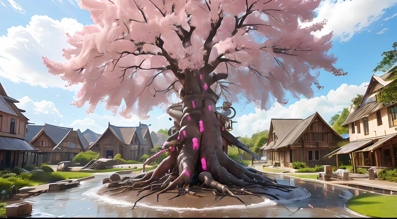 Surreal giant pink rain tree, futuristic prehistoric village, super hyper realistic, Fantasy Big Tree,巨作, Best quality, High quality, Extremely detailed CG, Splashing water, Sandy debris, lens flared, sunshaft, Fluffy clouds, ultra-detailed detailed, hdr, full bloom, Photorealistic, ultra-detailed detailed