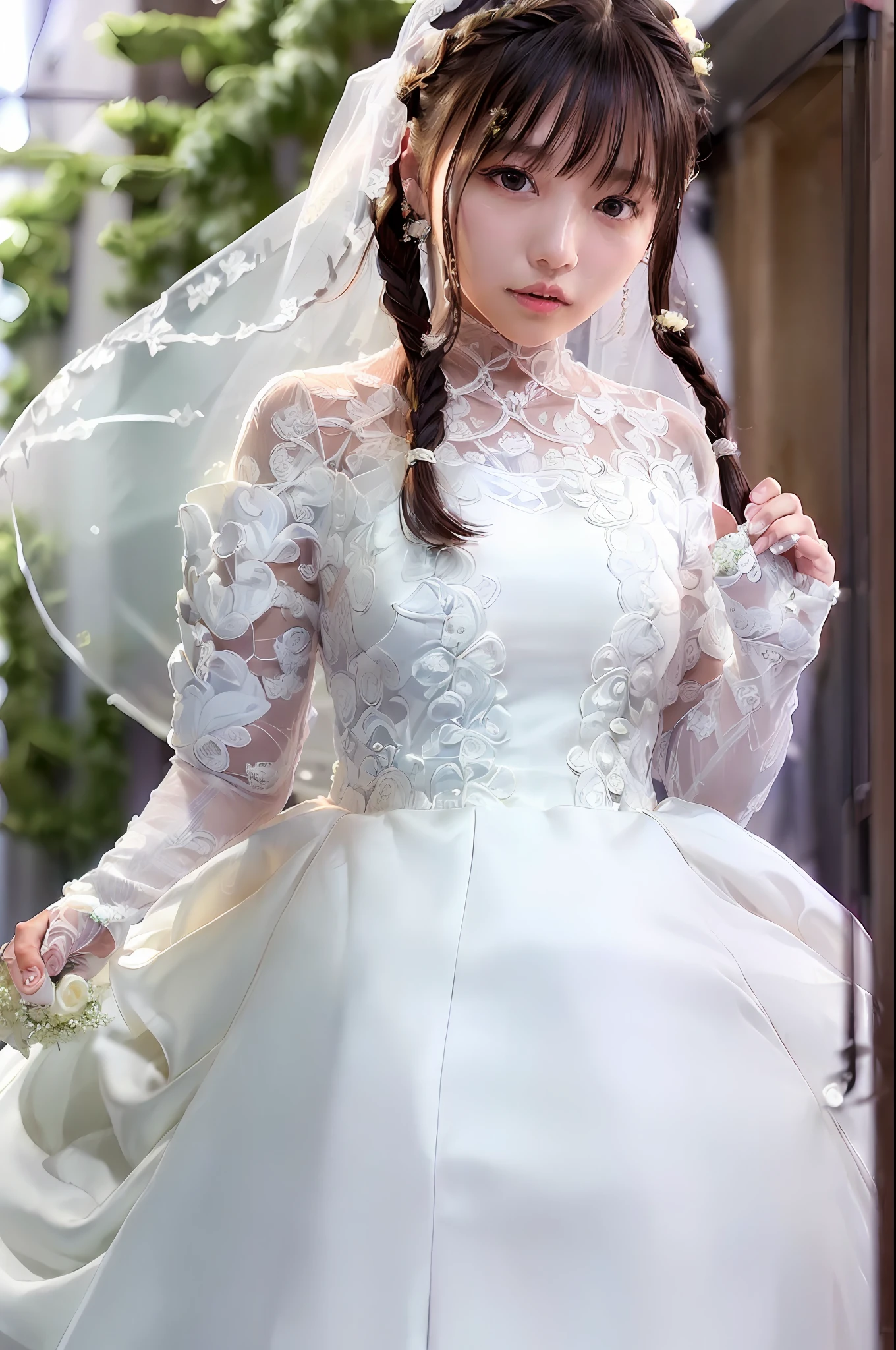 A masterpice、best  quality, 1girls, (Skindentation), {{Too big!!}}, (days), Brighter, blured background, (Street:0.6),  (Braided bangs, Wavy hair:1.5), (see through dress:1.8), (wedding dress:1.8), ((Dress wide open at the chest))、gorgeou, (Floating hair:1.2), (dinamic pose:1.8), Soft lighting,