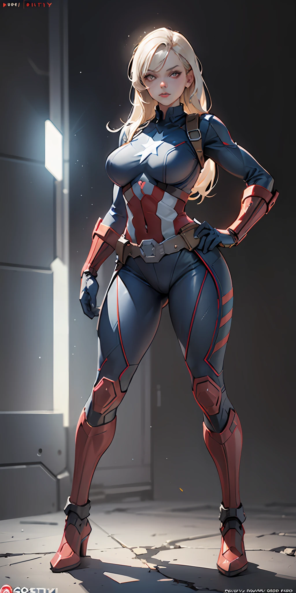 Woman dressed as Captain America from Marvel, big breasts, frontal, full-length, looking at the camera, facing the audience, standing pose, simple background, three-dimensional light, detailed full-body concept, sleek digital concept art, beautiful full-body concept art, art trend, full-length CGsociety,full body