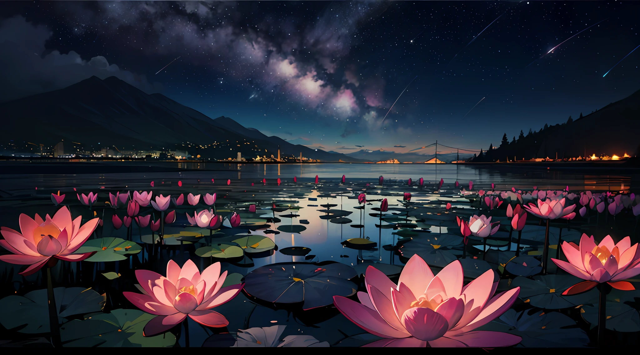 obra-prima, caprichoso, Anime fantastic landscape, sonho, wide vision, flor, Fadas, light particles, Lightweight joints, estrelas brilhantes, cometa passando ao longe, fantasia, astral, paz, cristal, montanha, lago, Natureza, jardim com vista para a paisagem, Flowing, (lua), Water lilies, Ghibli-como cores, Ghibli-como cores, Ghibli-como cores, cinematic lighting, profundidade de campo, character chart, Funciona prima, Funciona prima, anatomicamente correto, texturizada, super detalhe, de alta qualidade, Concedido, alto, best qualidade, 8k