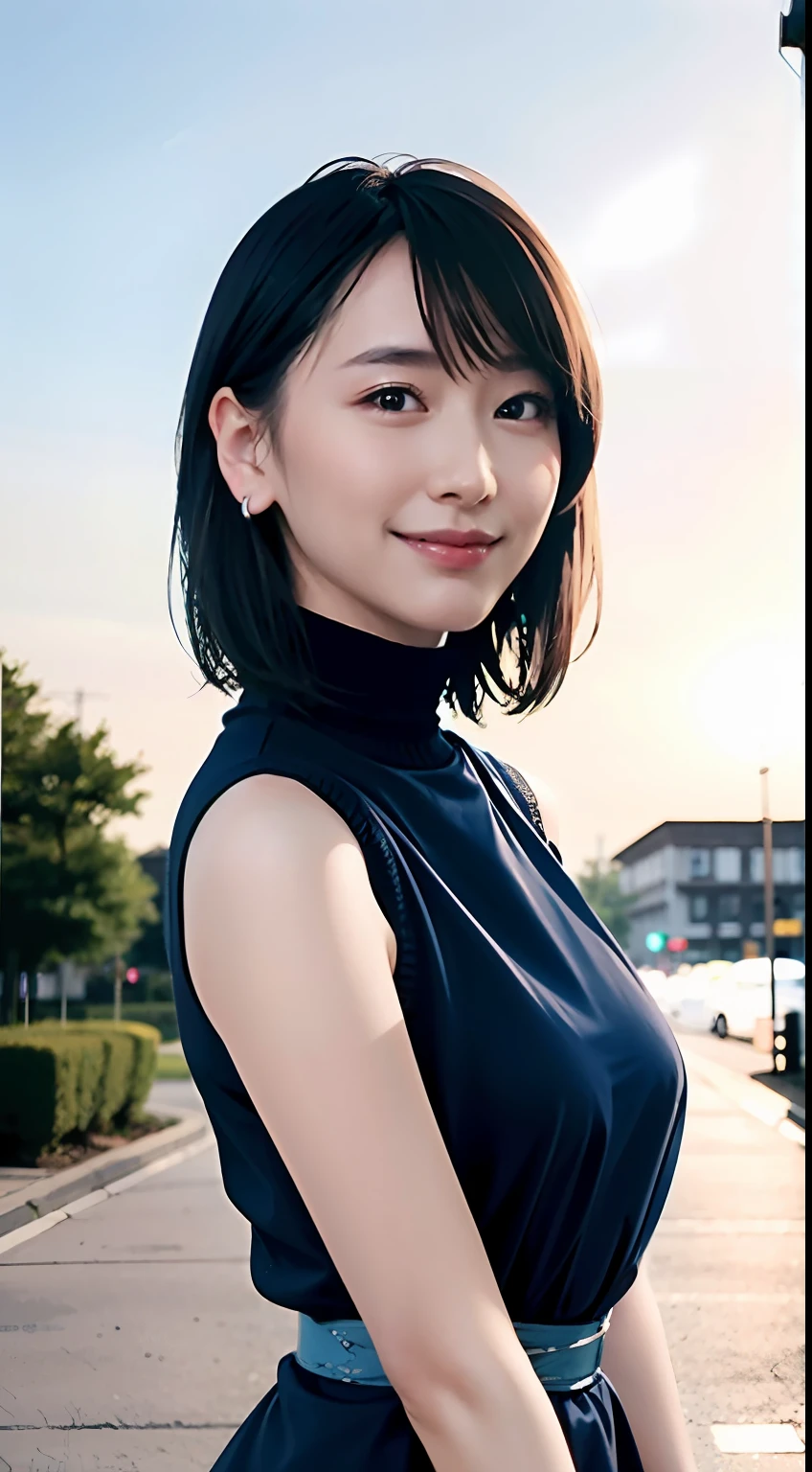 a woman posing on the street corner with light blue dress on, best quality, 1girl, large breasts, day, bright, blur background, bokeh, outdoor, (street:0.8), (people, crowds:1), (lace-trimmed dress:1.5, sleeveless dress, light blue clothes, light blue high-neck dress:1.2, blue dress: 1.5), gorgeous, (short hair, forehead:1.2), beautiful detailed sky, earrings, (dynamic pose:1.2), (upper body:0.8), soft lighting, wind, shiny skin, smile,