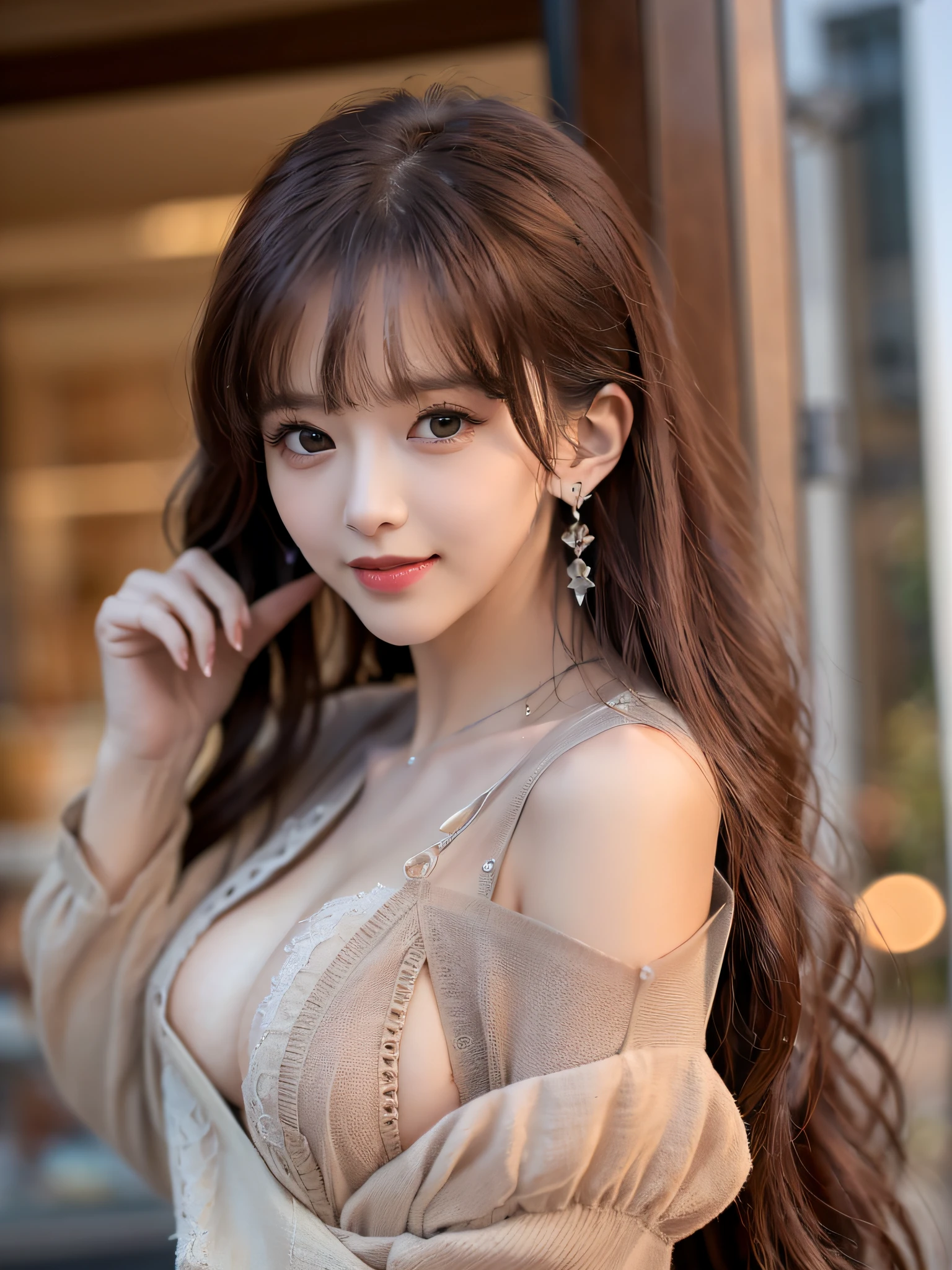 (8K images、Raw photography、best quality、A masterpice:1.2)、(Realstic、photorealestic:1.37)、1girls、Professional lighting、Superb image quality、high resolucion、1080p、(Clear face)、(Detailed face description)、(Detailed hand description)、(Exquisite CG)、 Wearing a complicated dress、Long skirt、Wavy brown hair、(large tits:1.5),A full body、tousled hair, ponie tail、bangs bangs、lush detail, (Exquisite facial features), (Viewer's Perspective, (eyes of detail),happy smiling、Dark eyeliner、Small earrings、backgrounds、sunsets、