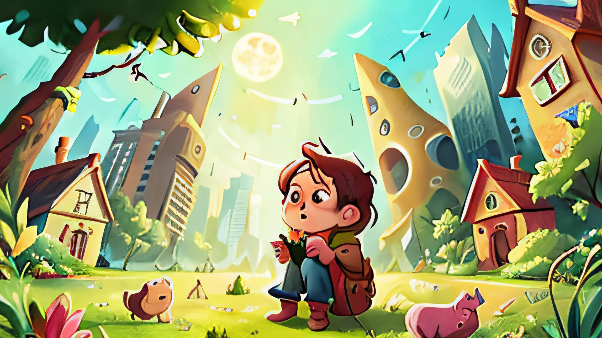 Crie liz, in a square, and in the background several futuristic buildings