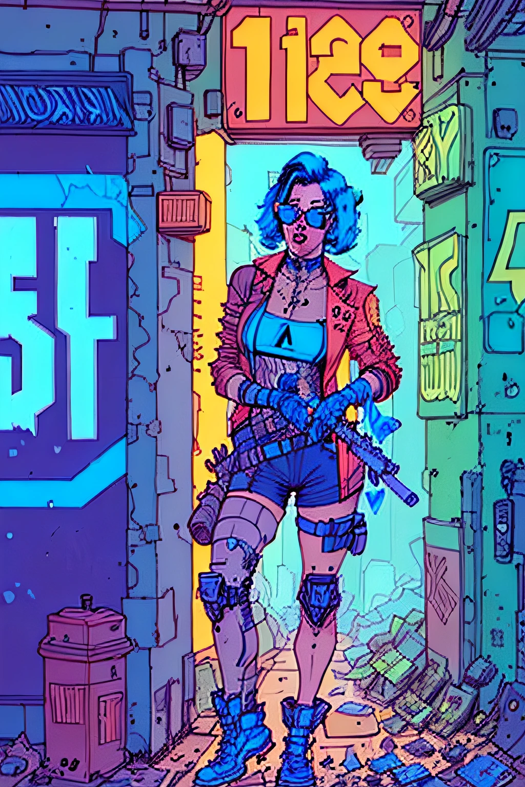 a woman with blue hair and glasses holding a gun, detailed cyberpunk illustration, in style of laurie greasley, cyberpunk artstyle, Laurie Greasley, cyberpunk themed art, cyberpunk illustration, cyberpunk comic cover art, cyberpunk vibes, cyberpunk artstyle, beautiful female neuromancer, laurie greasley and james jean, cyberpunk art, cyberpunk art nouveau, by josan gonzalez