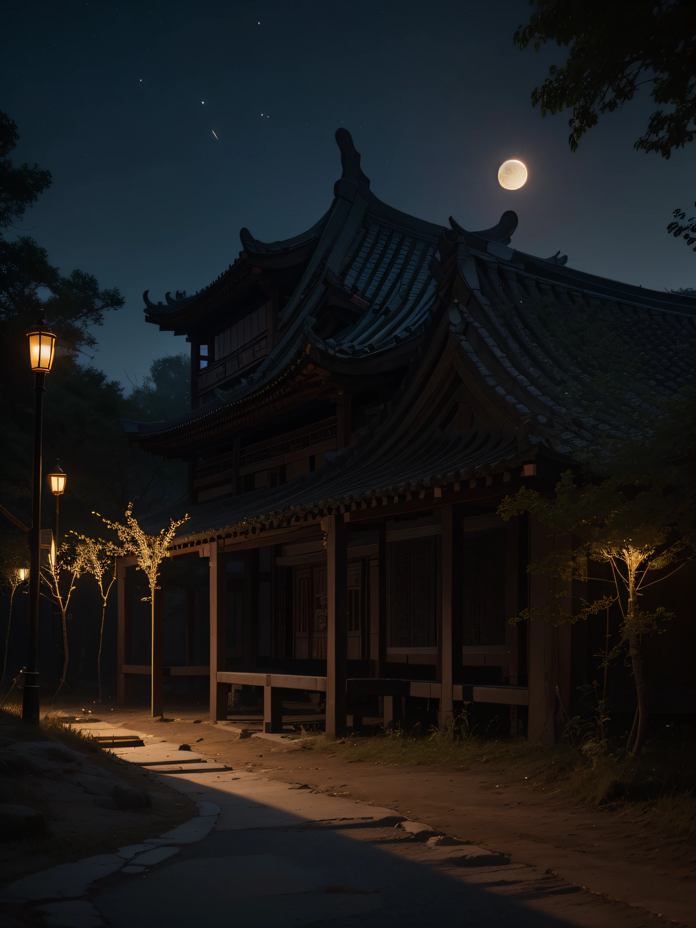 Official Art, Ancient China, Ancient Streets, (Lots of Fireflies), (Night), (Moon), Lights, Beautiful Landscapes, Epic Landscapes, Realistic Lighting, Masterpieces, High Quality, Beautiful Graphics, High Detail, Global Illumination, Unreal Engine Rendering, Octane Rendering, (HDR:1.3)