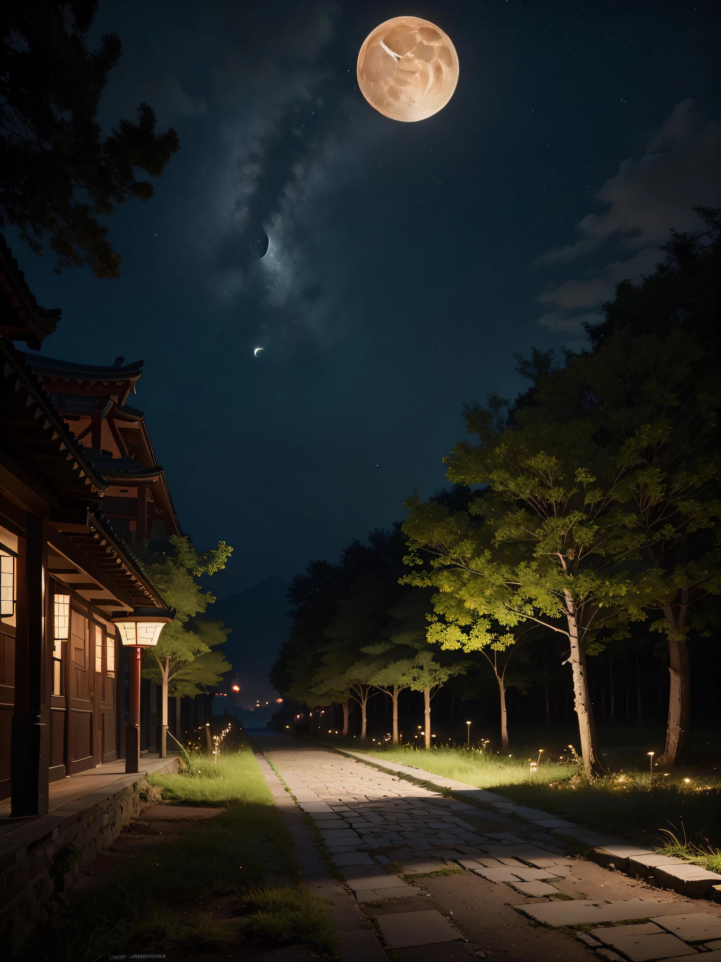 Official Art, Ancient China, Ancient Streets, (Lots of Fireflies), (Night), (Moon), Lights, Beautiful Landscapes, Epic Landscapes, Realistic Lighting, Masterpieces, High Quality, Beautiful Graphics, High Detail, Global Illumination, Unreal Engine Rendering, Octane Rendering, (HDR:1.3)