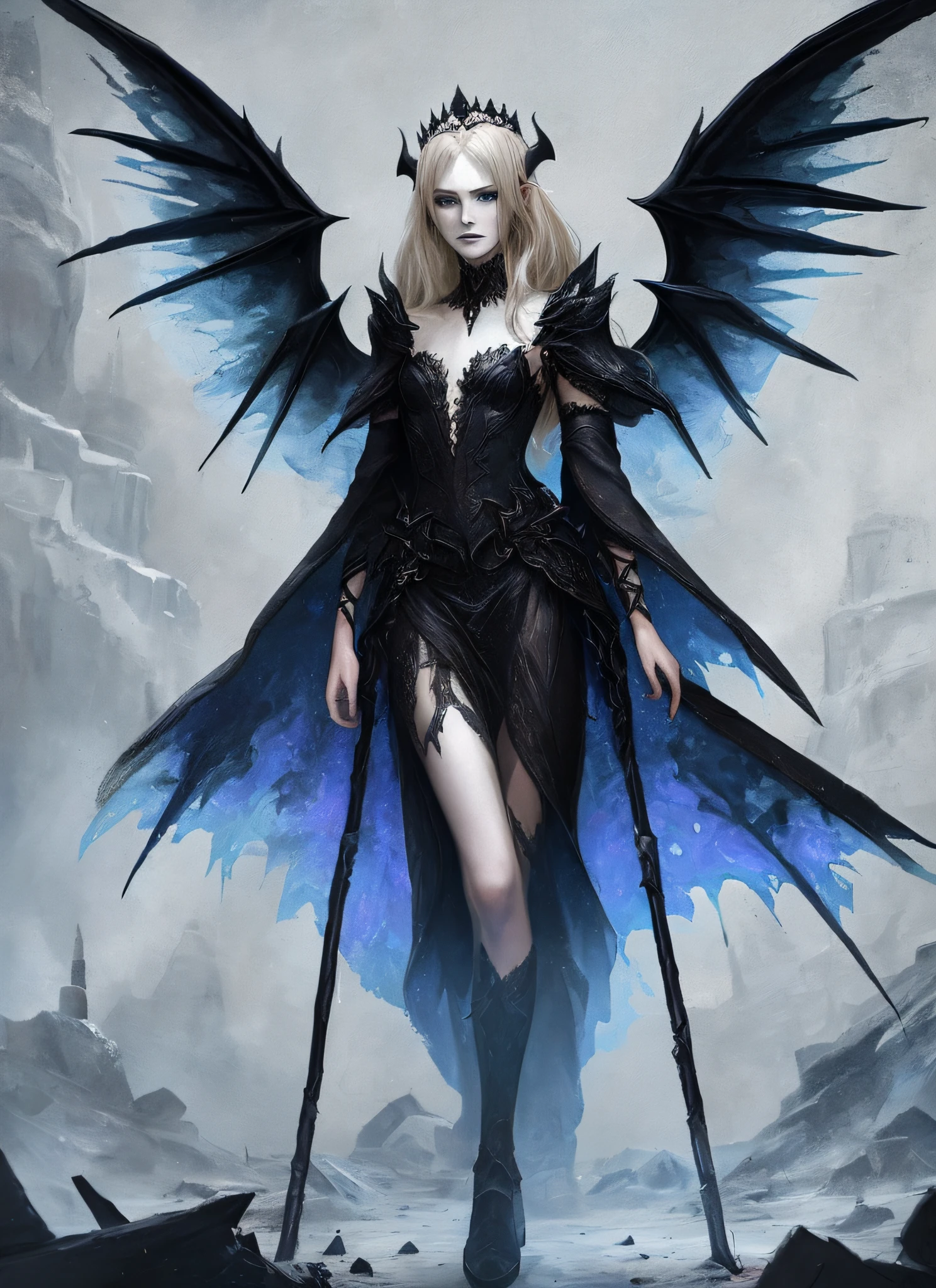 Succubus Lilith the Mother of All Demons, small breasts, wearing torn lace robes, bloodstains, painful expression, platinum blonde long wild hair, tall, glowing bright blue eyes, fair skin, crown of twigs, small black feathered wings, holding court in a desolate battlefield, atmospheric embers,