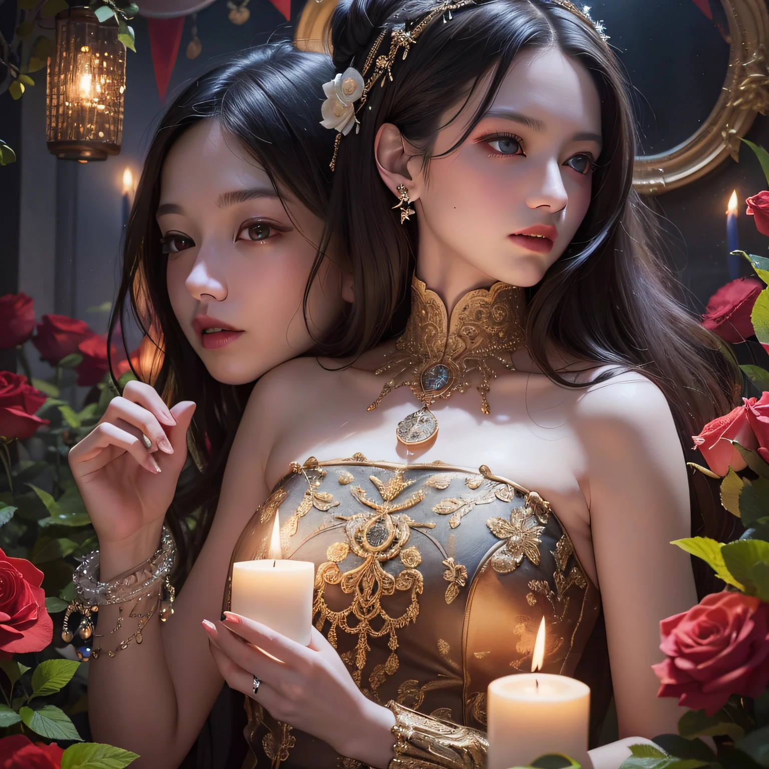 (A masterpice、HighestQuality、HighestQuality、Official art、Beautifully Aesthetic:1.2)、Countless candlelights,(1girls)&Rosa、Extreme details、(Fractal Art:1.3)、colorfully、the highest detail、Full shot of the enchanting Amish、