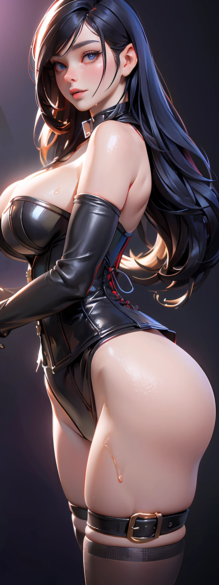 Rubber, Corset, Red Collar, ((Top Quality, Masterpiece: 1.3)), Beautiful Woman with Perfect Figure: 1.1, Glamorous Figure, Overflowing Breasts, Tightly Squeezed Waist, (Seductive Buttocks), Wet Body: 1.5, Very Detailed Face and Skin Texture, Detailed Eyes, (photorealistic:1.4), bokeh, from below,