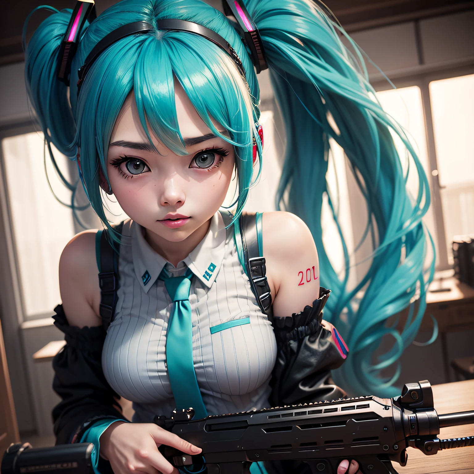 best  quality、High Detail、Most Real、high resolucion、She is Hatsune Miku、She has a weapon、She is waiting for a machine gun