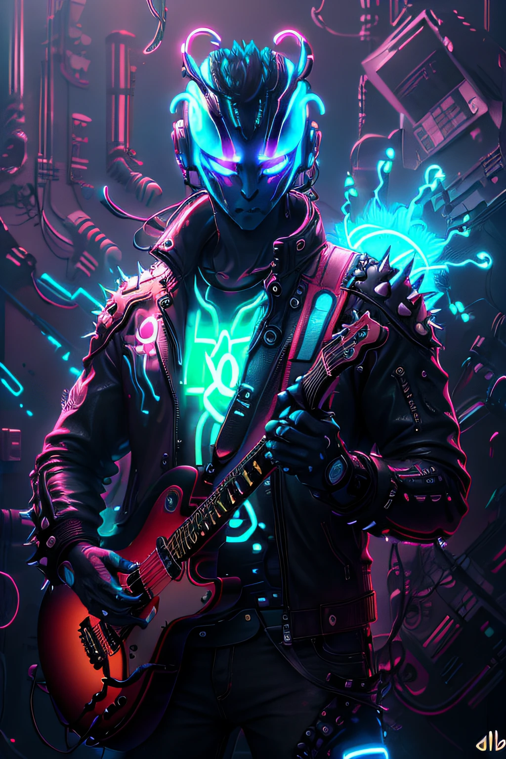 A ((neon)) blue alien punk with spiky hair and a leather jacket, holding a guitar in one hand and a ((glowing)) energy drink in the other, in the style of BlueAP, realistic,