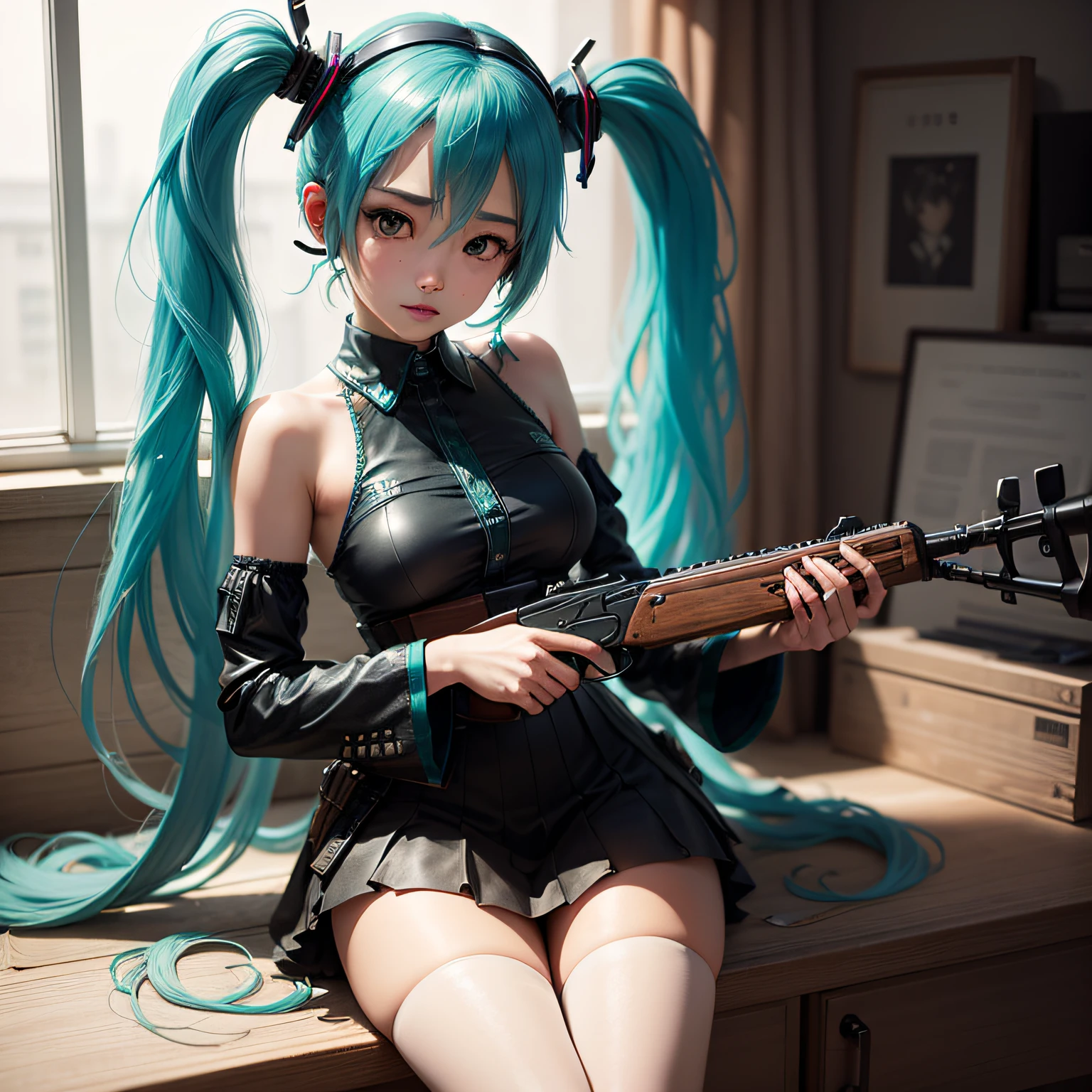 best  quality、High Detail、Most Real、high resolucion、She is Hatsune Miku、She has a weapon、She is waiting for a machine gun