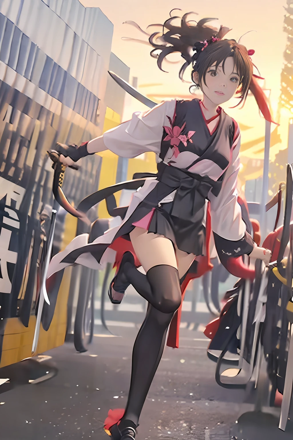 1woman, (beautiful:1), kimono merged with cyborg armer, walking, jumping, Kyoto, (twirling Katana:1.5), masterpiece, 8K