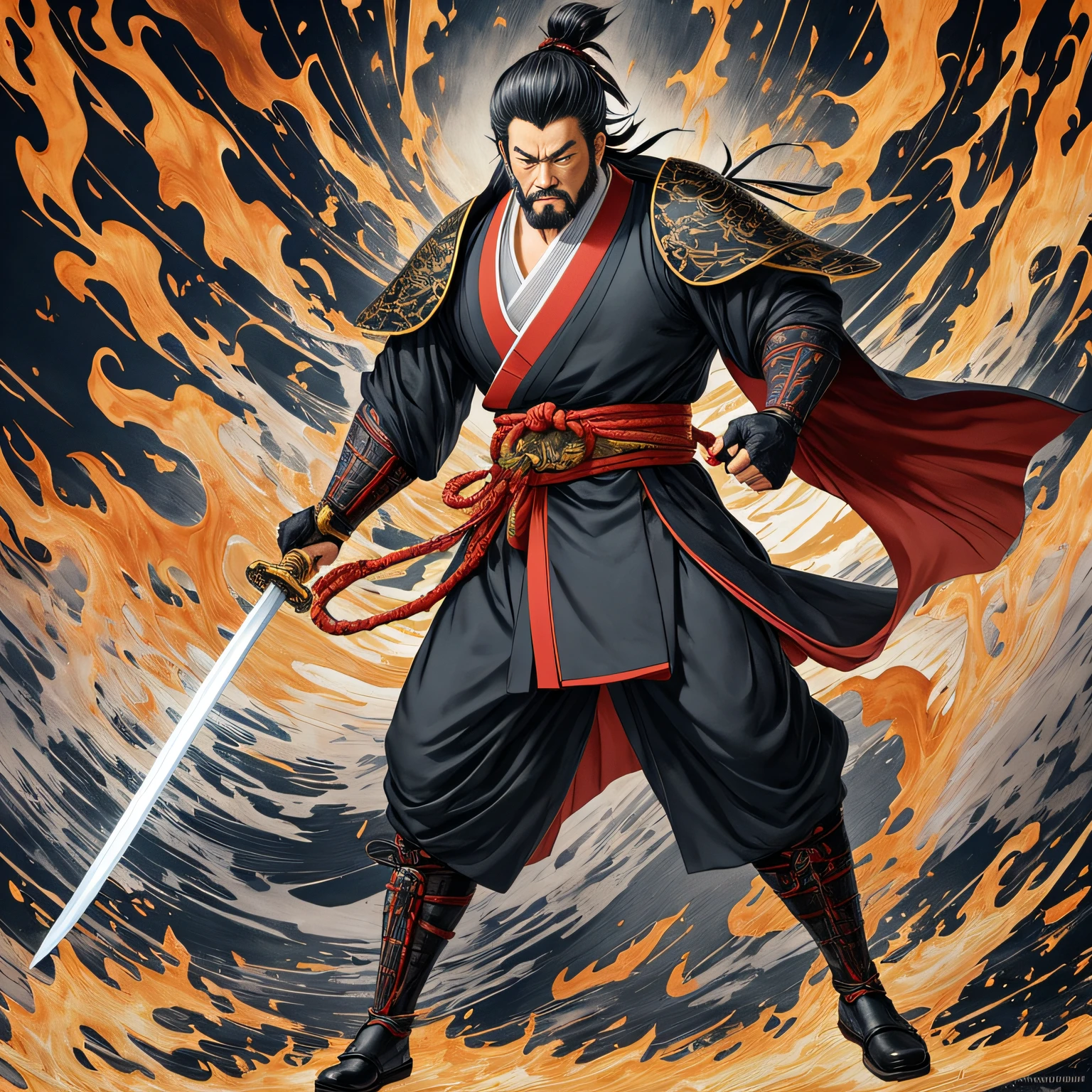 Men,Mighty,Night scene,Long knives,to stand,Hanfu,short-cut hair,Serious,Beard --auto