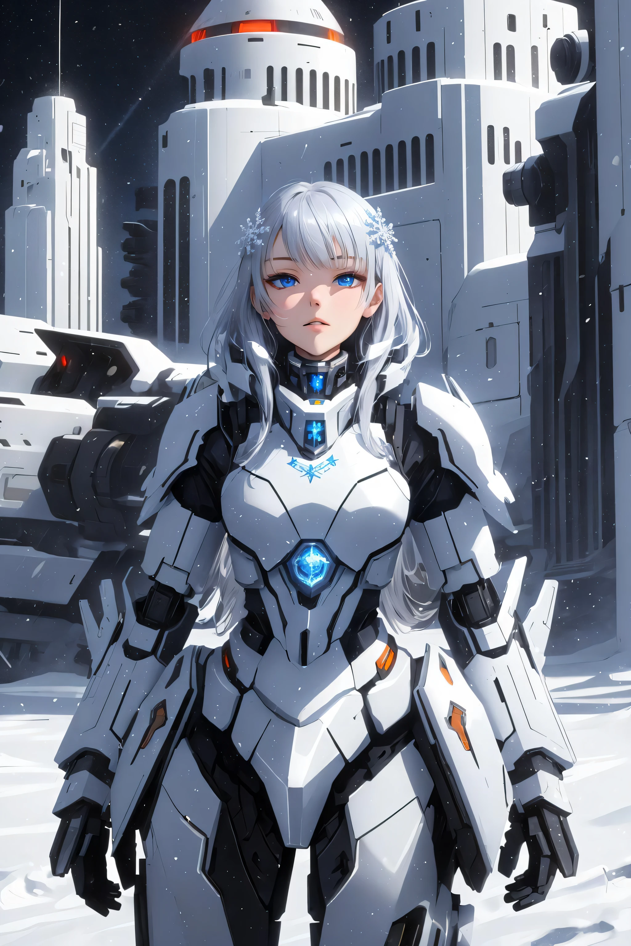 snowflake, masterpiece, best quality, mecha, no humans, black armor, blue eyes, science fiction, fire, laser canon beam, war, conflict, destroyed city background