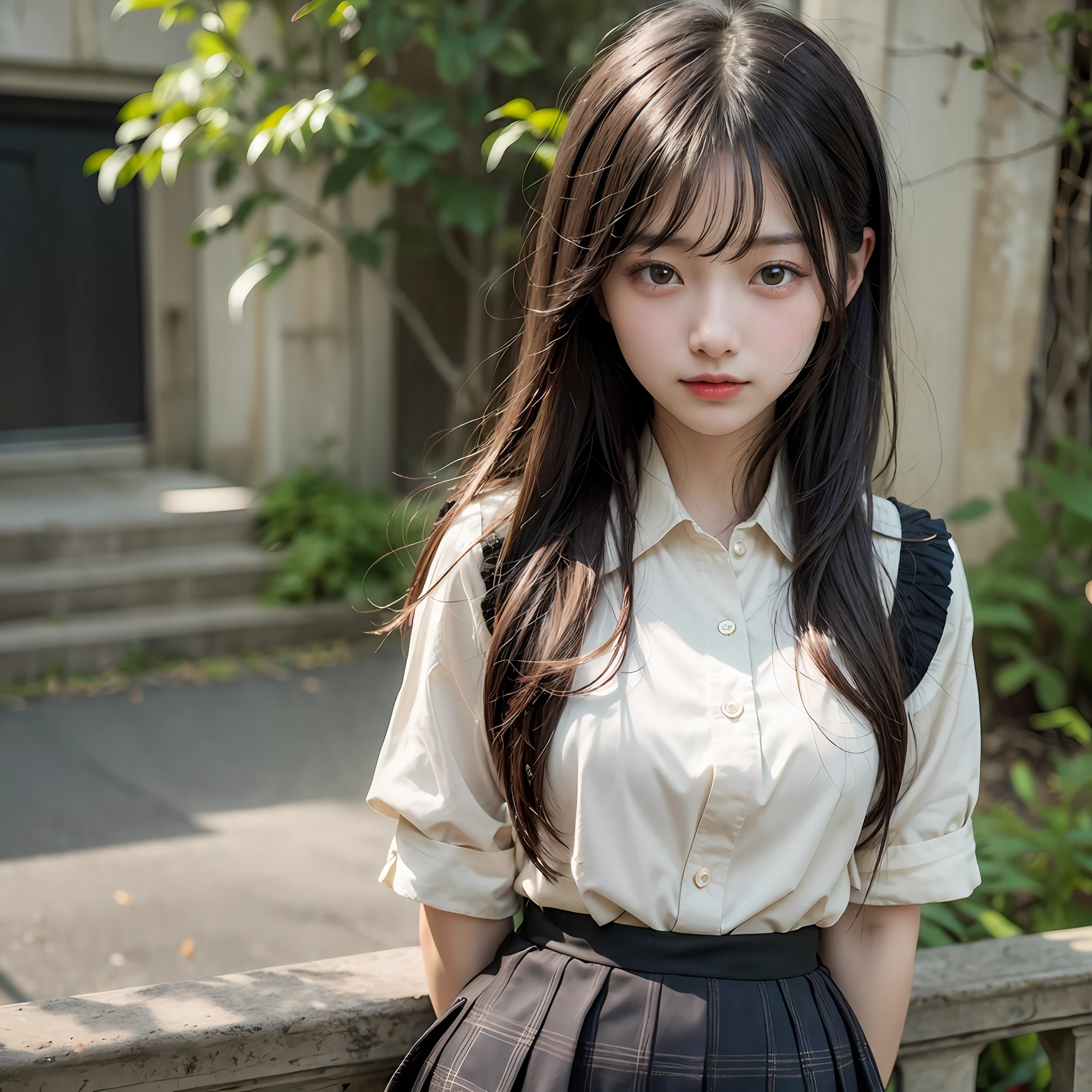 Masterpiece, top quality, official art, highly detailed CG Unity 8K wallpaper, like a schoolgirl, very delicate and beautiful, ultra high resolution, (photorealistic: 1.4), golden hour lighting, (upper body), (platinum shorthair: 0.8), (puffy eyes), looking at the viewer, facing the front, smiling, JK skirt, white dress, Shirt Lift Long Black Hair