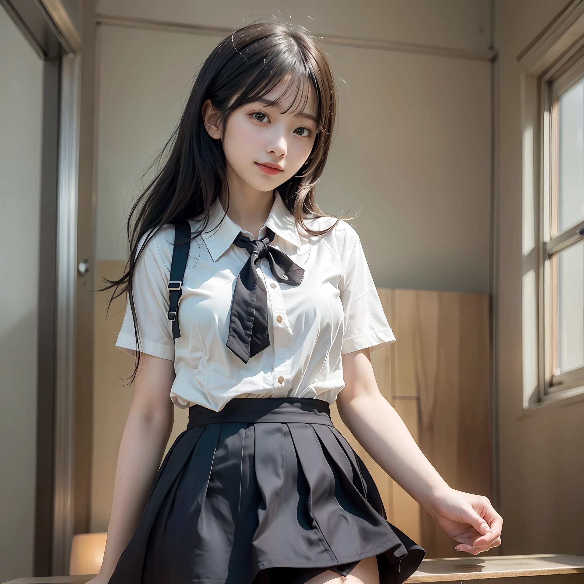 Masterpiece, top quality, official art, highly detailed CG Unity 8K wallpaper, like a schoolgirl, very delicate and beautiful, ultra high resolution, (photorealistic: 1.4), golden hour lighting, (upper body), (platinum shorthair: 0.8), (puffy eyes), looking at the viewer, facing the front, smiling, JK skirt, white dress, Shirt Lift Long Black Hair