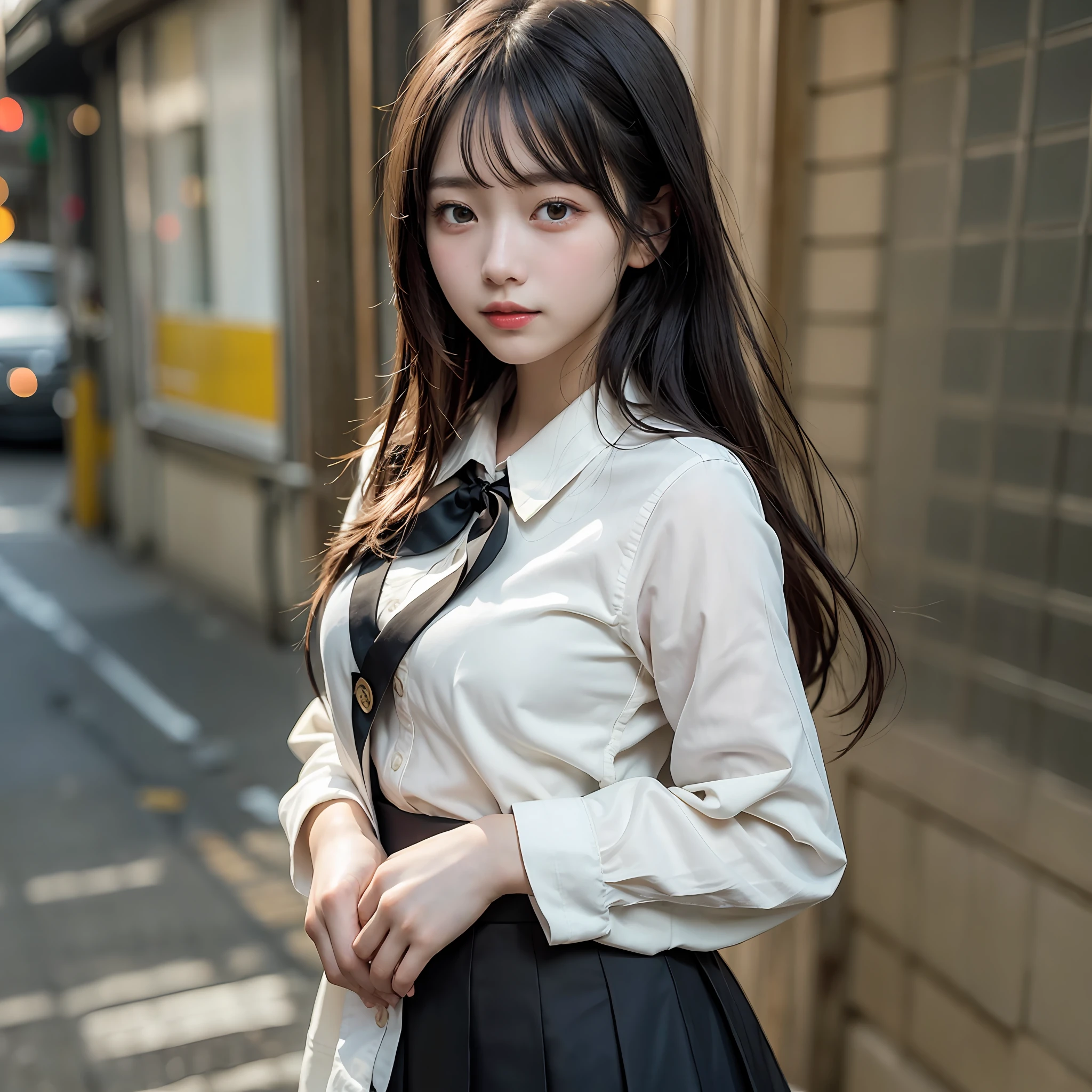 Masterpiece, top quality, official art, highly detailed CG Unity 8K wallpaper, like a schoolgirl, very delicate and beautiful, ultra high resolution, (photorealistic: 1.4), golden hour lighting, (upper body), (platinum shorthair: 0.8), (puffy eyes), looking at the viewer, facing the front, smiling, JK skirt, white dress, Shirt Lift Long Black Hair