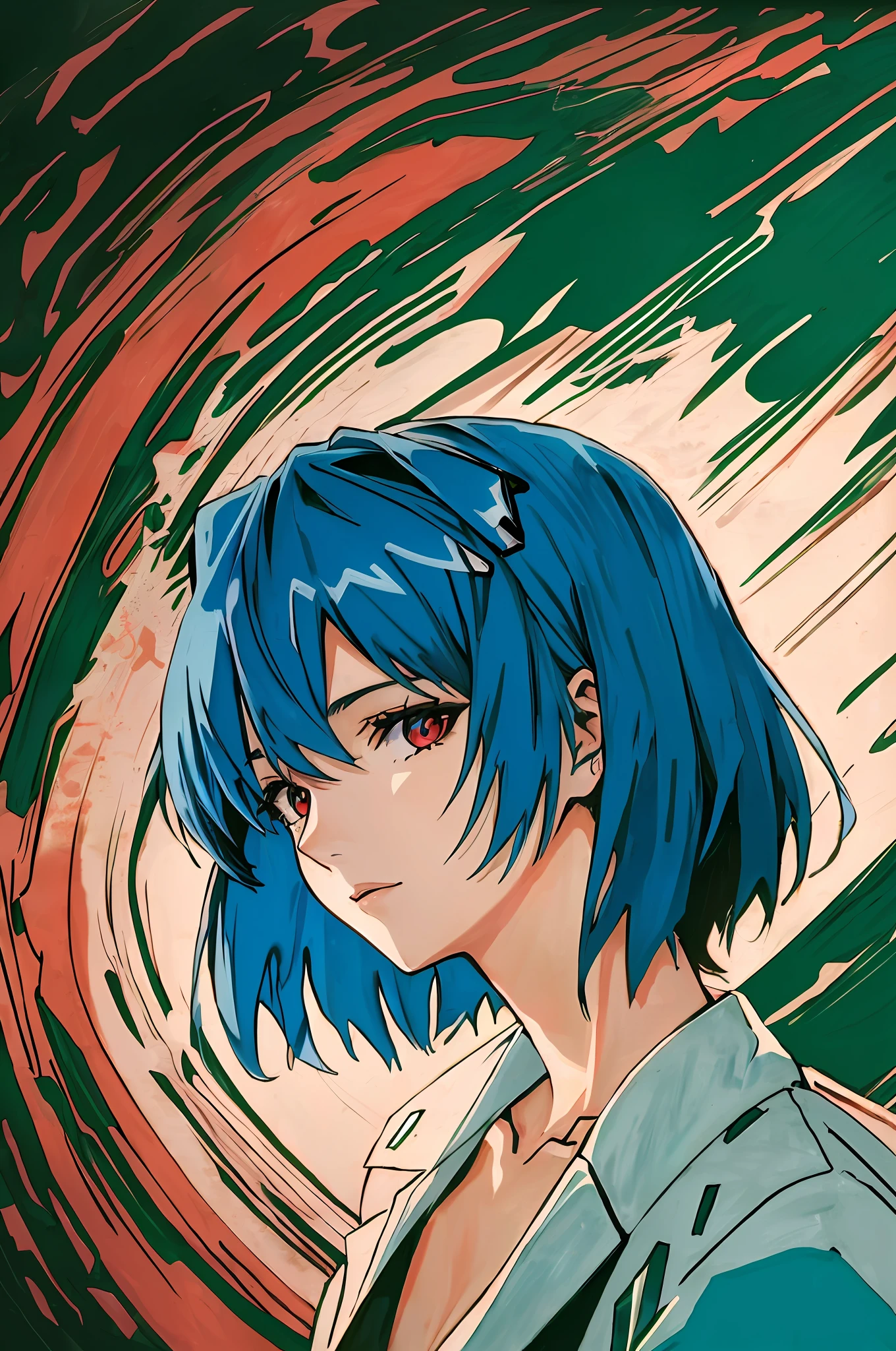 Thrilling Rei Ayanami (evangelion), evangelion (Hideaki\) masterpiece portrait, caustics, fabric shadows, high-resolution illustrations, red eye, feminine, pupilless, blue hair, short hair, ligne claire, solid colors, limited color palette, low contrast