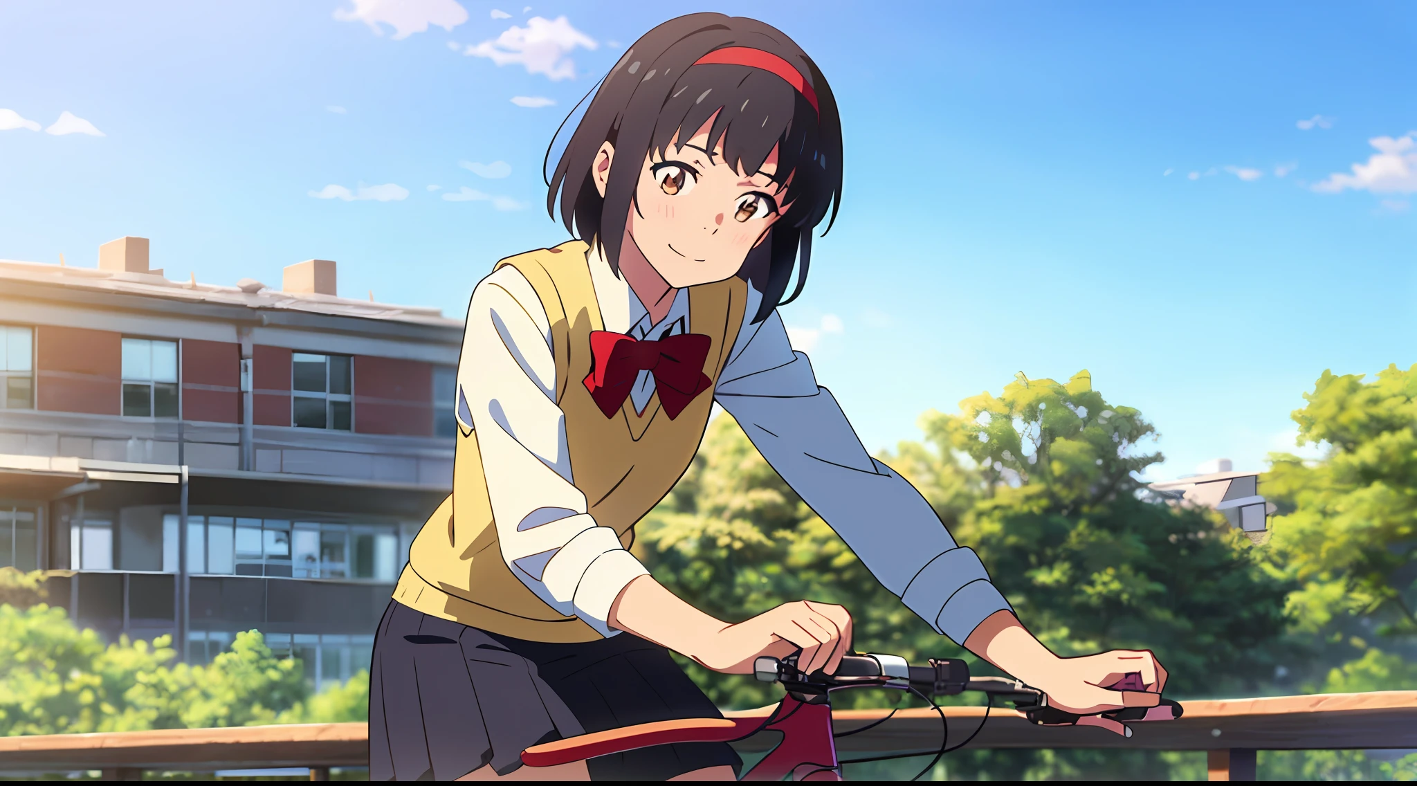 shinkai makoto, kimi no na wa., 1girl, bangs, black hair, blue sky, blush, bow, bow, brown eyes, collared shirt, headband, headband, red bow, red bow, red headband, red ribbon, Ribbon, school uniform, shirt, short hair, sky, smile, solo, sweater vest, upper body, vest, white shirt, yellow sweater vest, yellow vest, riding a bicycle, bicycle, forest, park