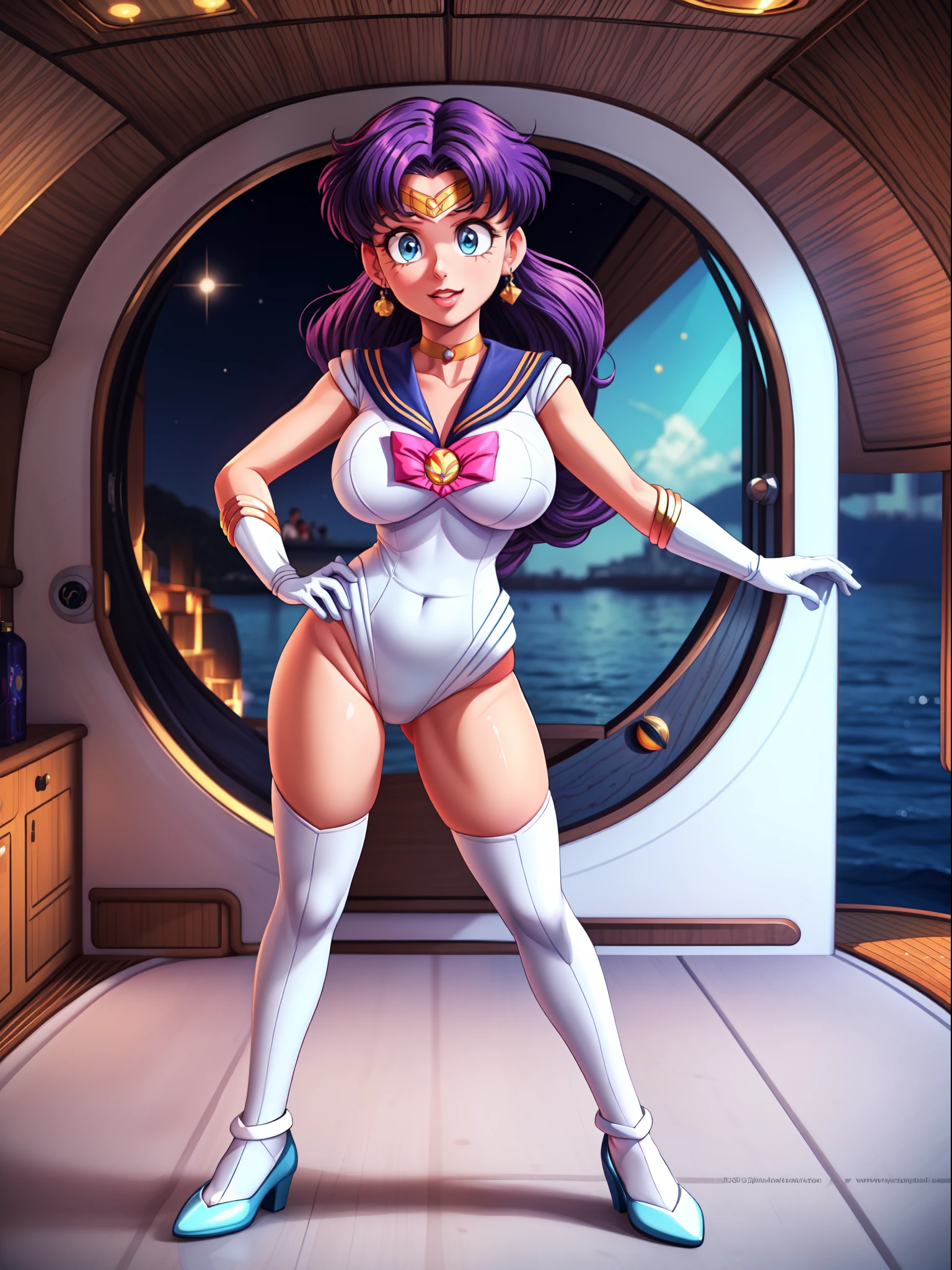 ((Full body):1.5), ((1 woman only):1.5), wearing {((Sailor Moon costume, white with blue parts,, extremely tight body):1.2)}, has {extremely giant breasts} , {she has purple hair, short, mohawk, blue eyes}, she is looking at the viewer, {look of pure pleasure, expression of pure pleasure, {she is leaning against a pole, doing erotic poses for the viewer}, { Background: very fancy yacht ((full of people with different ethnicities and clothes):1.5)} 16k, high quality, high detail, UHD