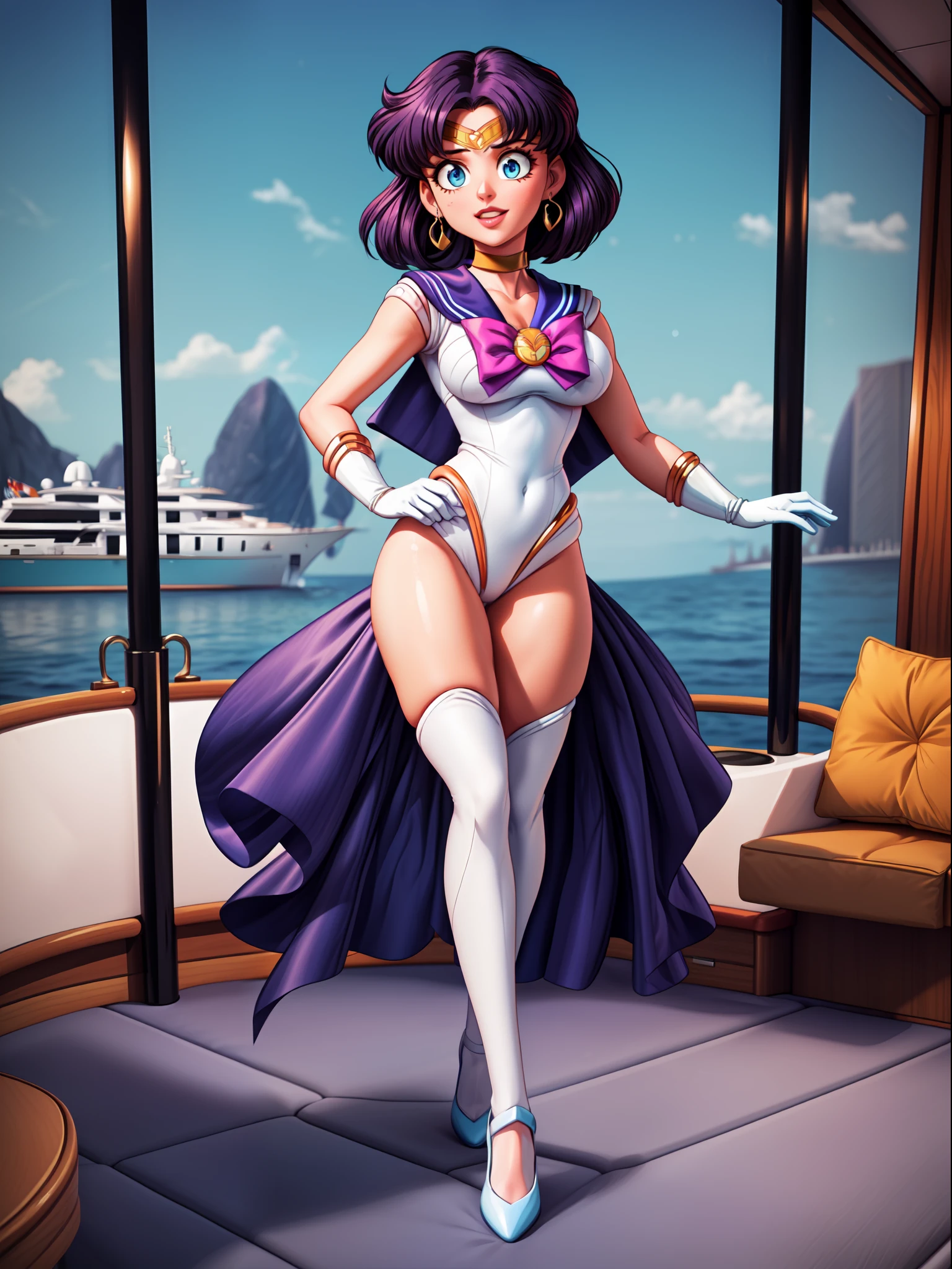 ((Full body):1.5), ((1 woman only):1.5), wearing {((Sailor Moon costume, white with blue parts,, extremely tight body):1.2)}, has {extremely giant breasts} , {she has purple hair, short, mohawk, blue eyes}, she is looking at the viewer, {look of pure pleasure, expression of pure pleasure, {she is leaning against a pole, doing erotic poses for the viewer}, { Background: very fancy yacht ((full of people with different ethnicities and clothes):1.5)} 16k, high quality, high detail, UHD