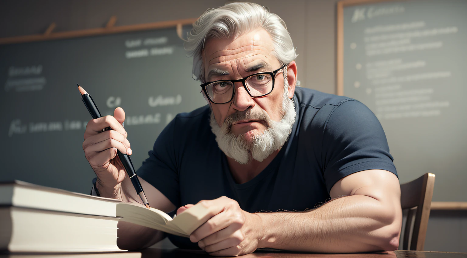 desenho, Ultra realista, 8k, extremamente detalhado, na melhor qualidade, um homem, looking 50 years old, professor, com barba, and glasses, Teaching the subject.