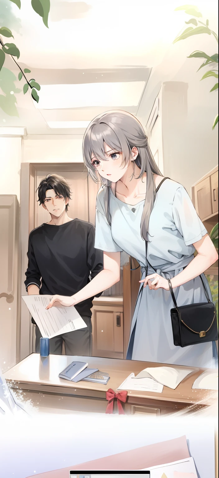 Anime scene of a woman and a man in the room, The girl holds a piece of scratch paper and looks at the scratch paper，The boy stood in his back pocket，Perfect facial features，perfect five fingers