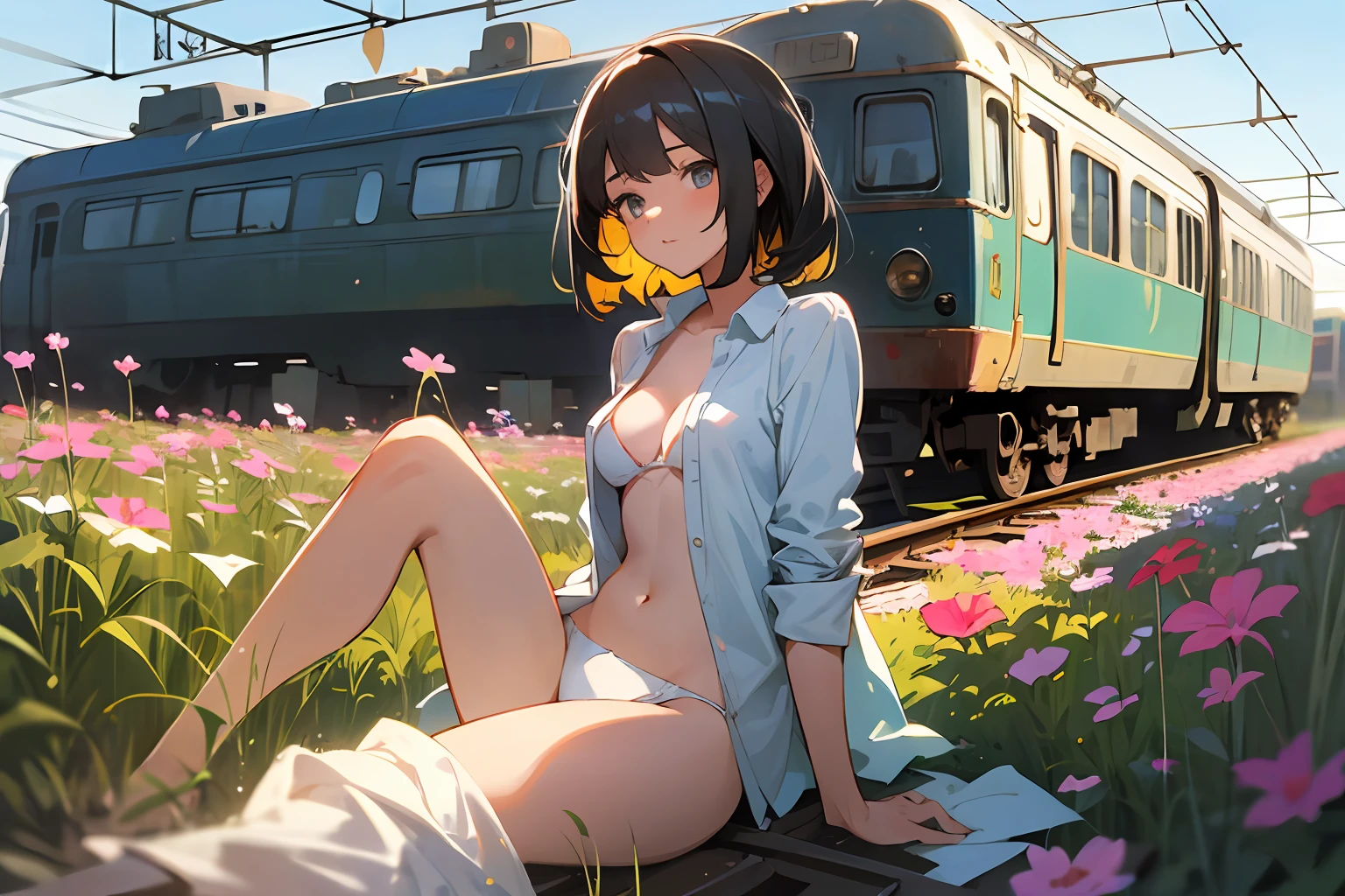 (masterpiece, best quality:1.2), abandoned train, in a flower field, 1girl, white panties, open shirt, sitting by a train, warm, summer, vibrant colors, best lighting, best shadows