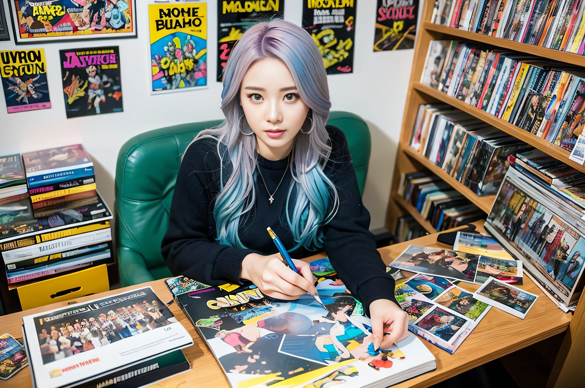 Comic Book Artist (Late 20th to Early 21st Century): A (pretty young woman:1.1) with funky colored hair, piercing blue eyes, light skin, wearing a casual (work outfit:1.2), with a plethora of pens and pencils, (sketchpad:1.1). She creates in an inspiring studio, filled with action figures, comic book stacks, posters, a drawing table, and a computer with design software.