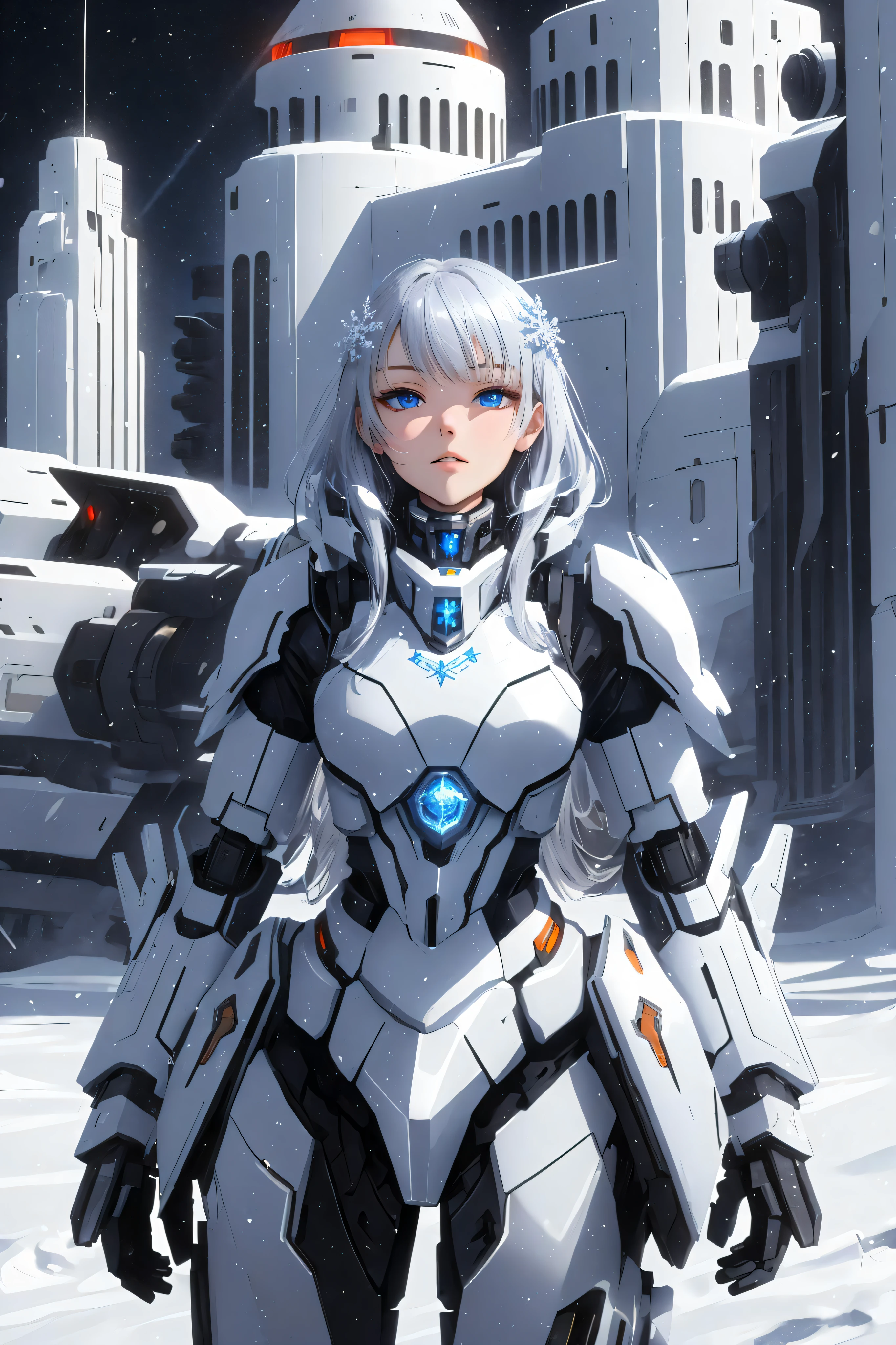 snowflake, masterpiece, best quality, mecha, no humans, black armor, blue eyes, science fiction, fire, laser canon beam, war, conflict, destroyed city background