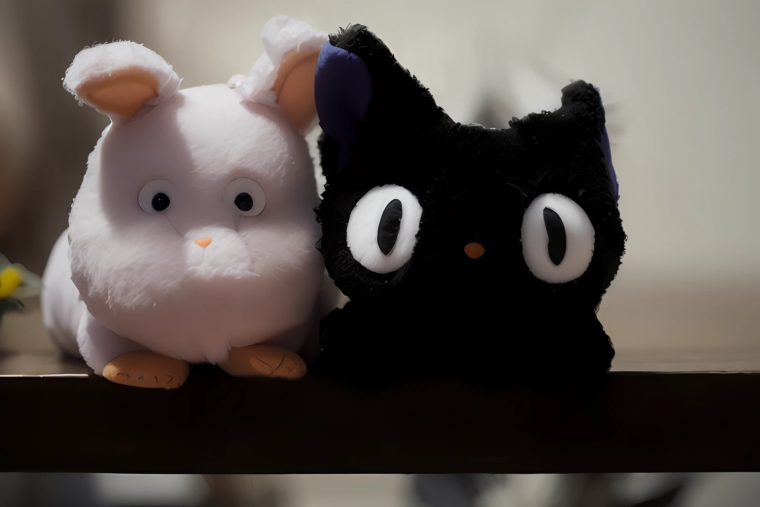 (Very detailed felt stuffed animal, taken with sony alpha 9, ) Sitting on a table, Fantastic night scenery, Windy curtains, dim light