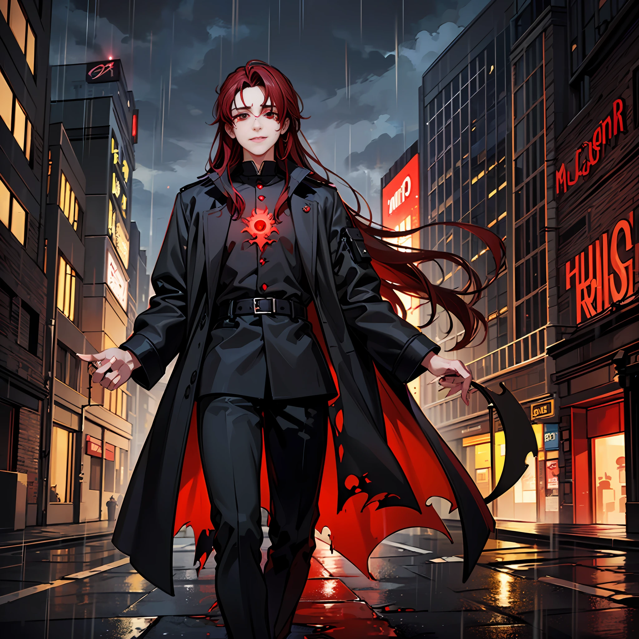 (absurd, highres, ultra-detailed),((human)),((((male teen)))), finely detailed eyes, ((dark red hair)), complex pattern, detailed face, magic effect, best proportion four fingers and one thumb, blood, red aura, smile, closed mouth, ((glowing red eyes)), torn clothes, cassock, ((black eye sclera)), demon tail, walking in a city, bloody hands, crying blood, macabre, gothic, ((long hair)), heavy rain, night, dark, blood moon, only 1 people