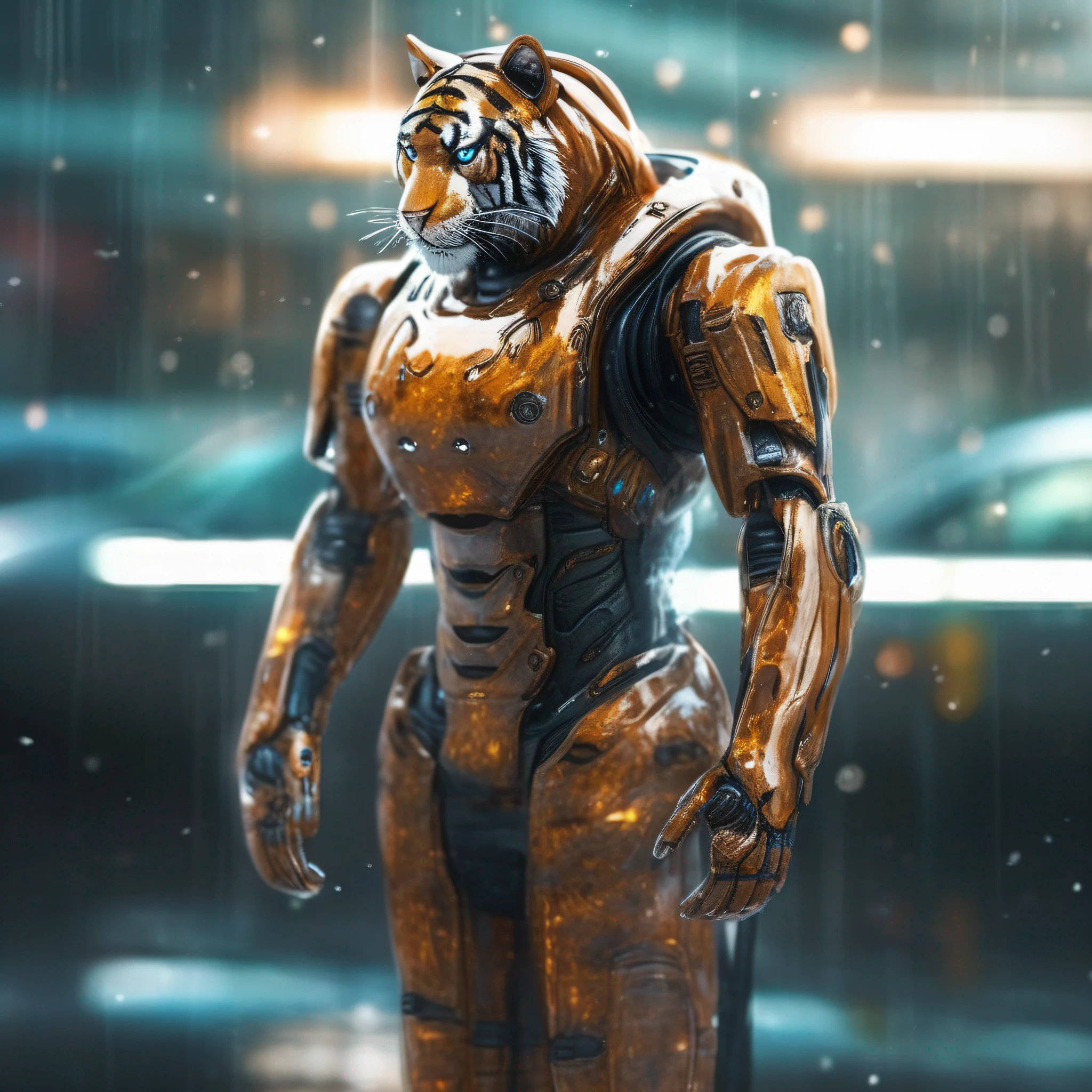 Portrait photo of transparent camouflage wearing mech suit，（（Light bokeh）），sophistication，（（semi transparent）Liquid water [Rust]），elegantly，Clear focus，Photo by Greg Rutkowski，subdued lighting，Bright color，nmasterpiece，（（Streets） )), Detailed tiger，Future Tiger Warrior