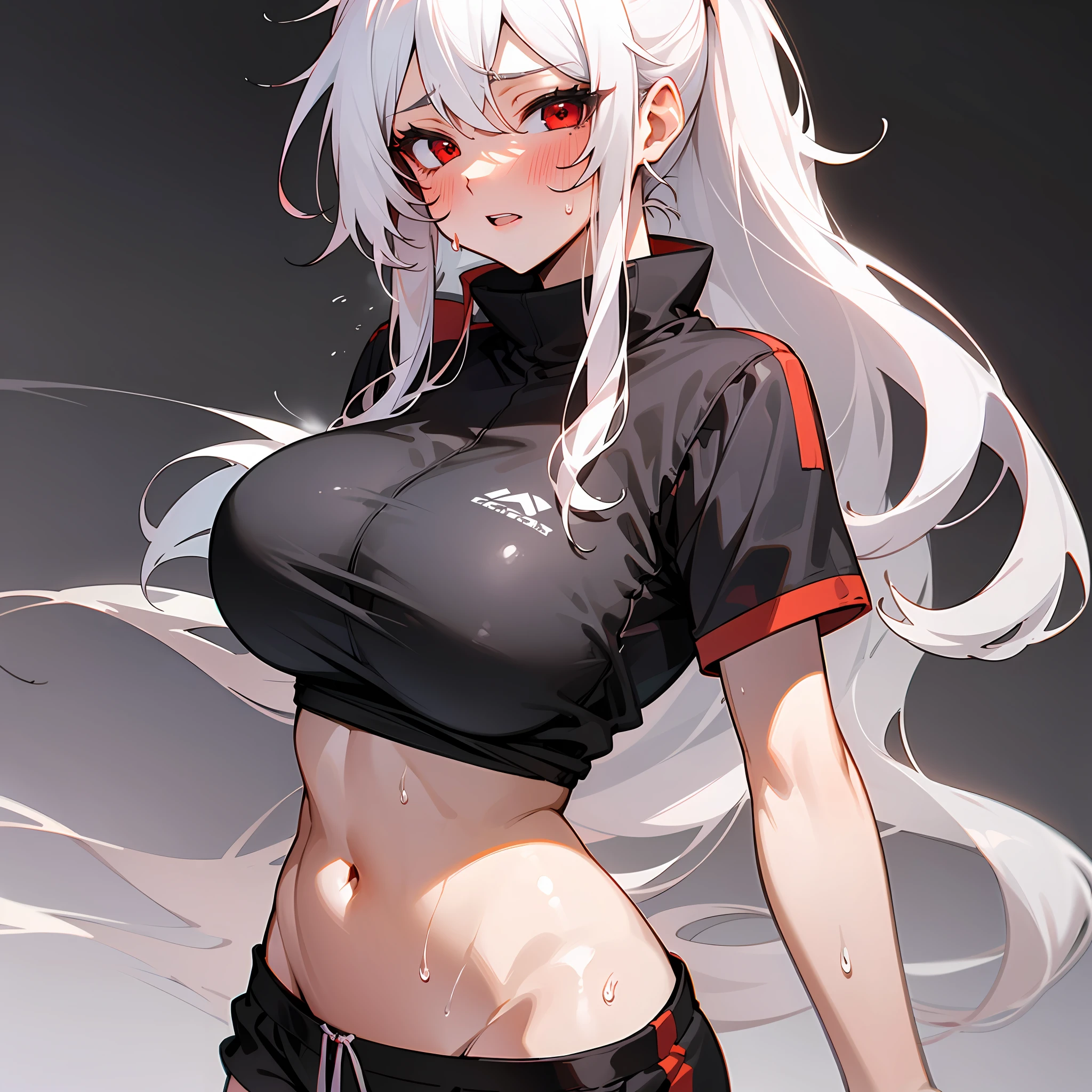 (Pure and minimalist black background),(The girl has red eyes and white hair, large tits, sport underwear, sweat shorts, A distant vista),(Tsundere sexy and energetic style)