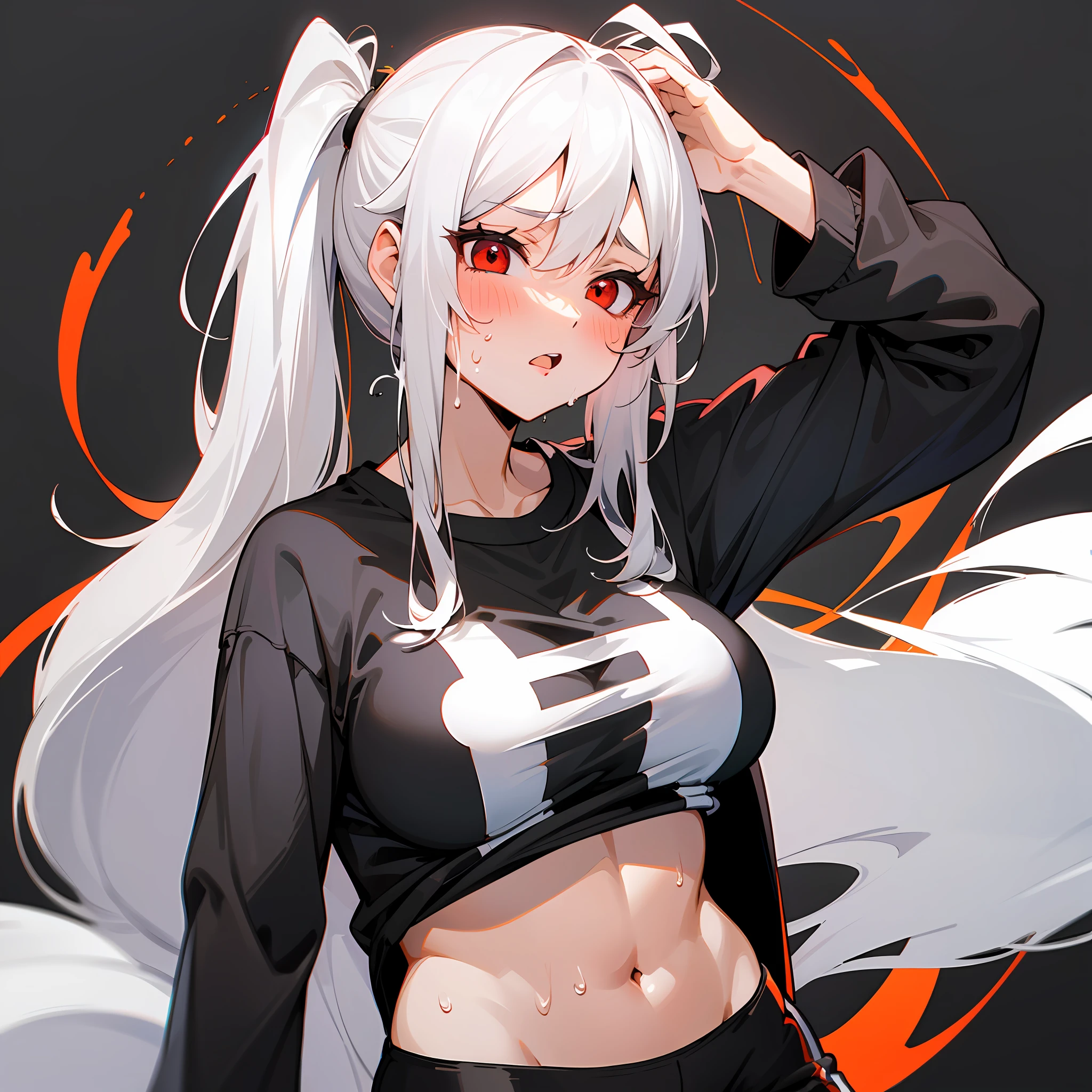 (Pure and minimalist black background),(The girl has red eyes and white hair, large tits, sport underwear, sweat shorts, A distant vista),(Tsundere sexy and energetic style)