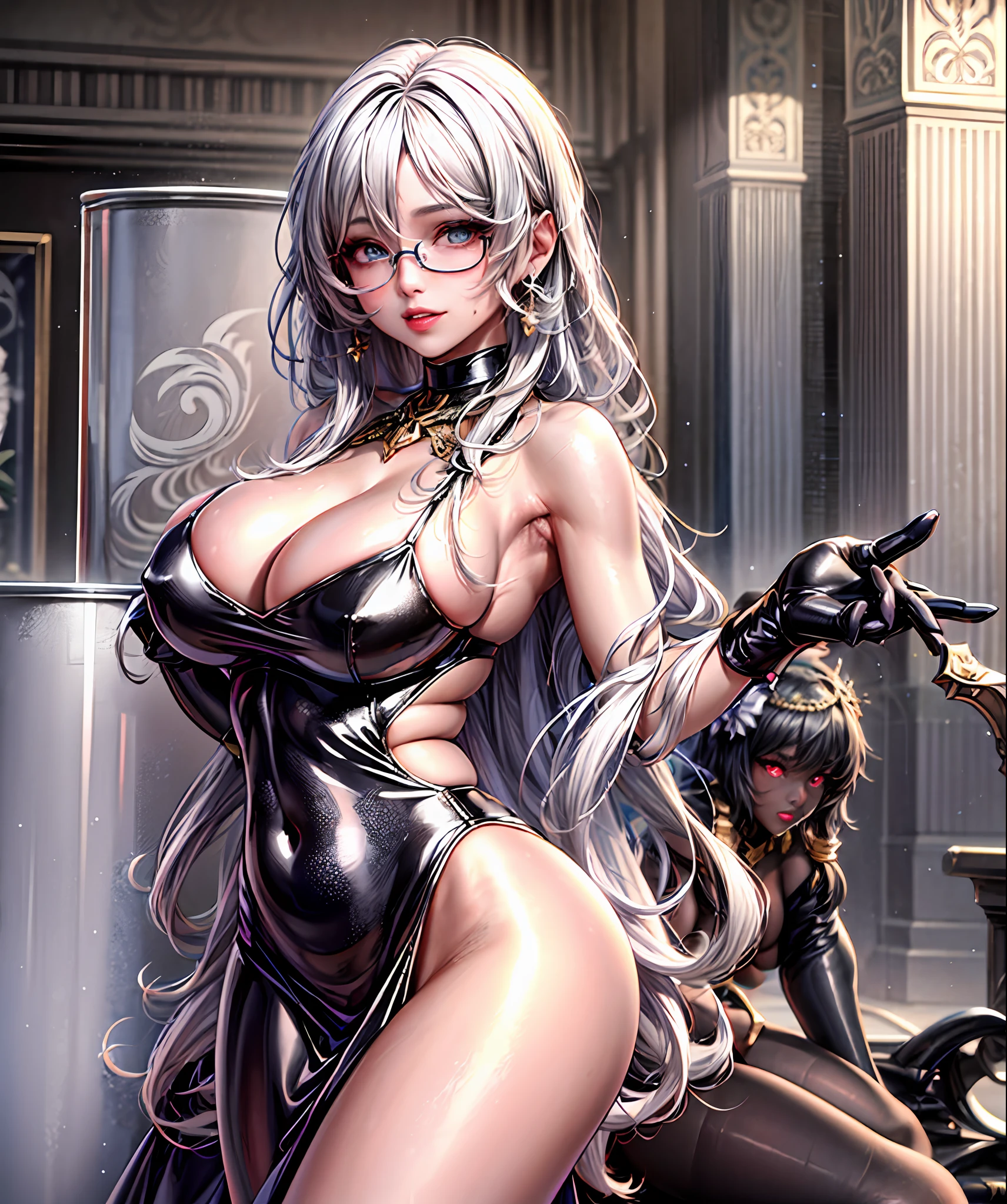 (8K,nmasterpiece:1.2),(ultra detaile,sexly),(Smile with:1.1),((Long white wavy hair):1.3,beautiful details eyes,large black eyes,Perfect proportions,Bright eye,Light makeup,gargantilha,ear ornament,Pink and moist lips),1 sexy girl with big breasts looking at me dignified in the pool,She has long white wavy hair,With stylish rimless glasses,Wear a tight and sexy evening dress,Sweat soaked her hair and clothes,The sexy and feminine temperament is immediately released,(perfect drawn eyes)Her figure is very sexy,seios gigantescos,Heavy breasts,Fitness buttocks,Fabric covers the breasts,White silk tulle,Stretch meat,Fair and moisturized skin,Be dignified and religious,back,Full body photo),(The atmosphere is ambiguous,misty background,Fairy tale world:1.2)