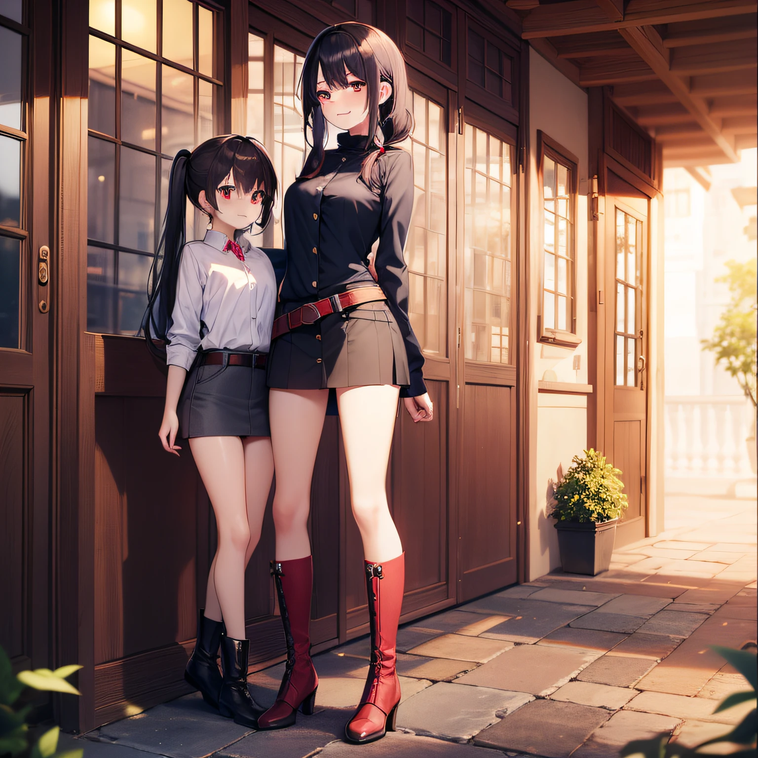 best  quality、an extremely delicate and beautiful、((One person))、11yo、(Dark hair)、Gray clothes with vertical buttons、Belt at waist、Gray miniskirt、((ponie tail))、(red hairband)、(Brown boots)、red-eyed、Standing、smile on face、