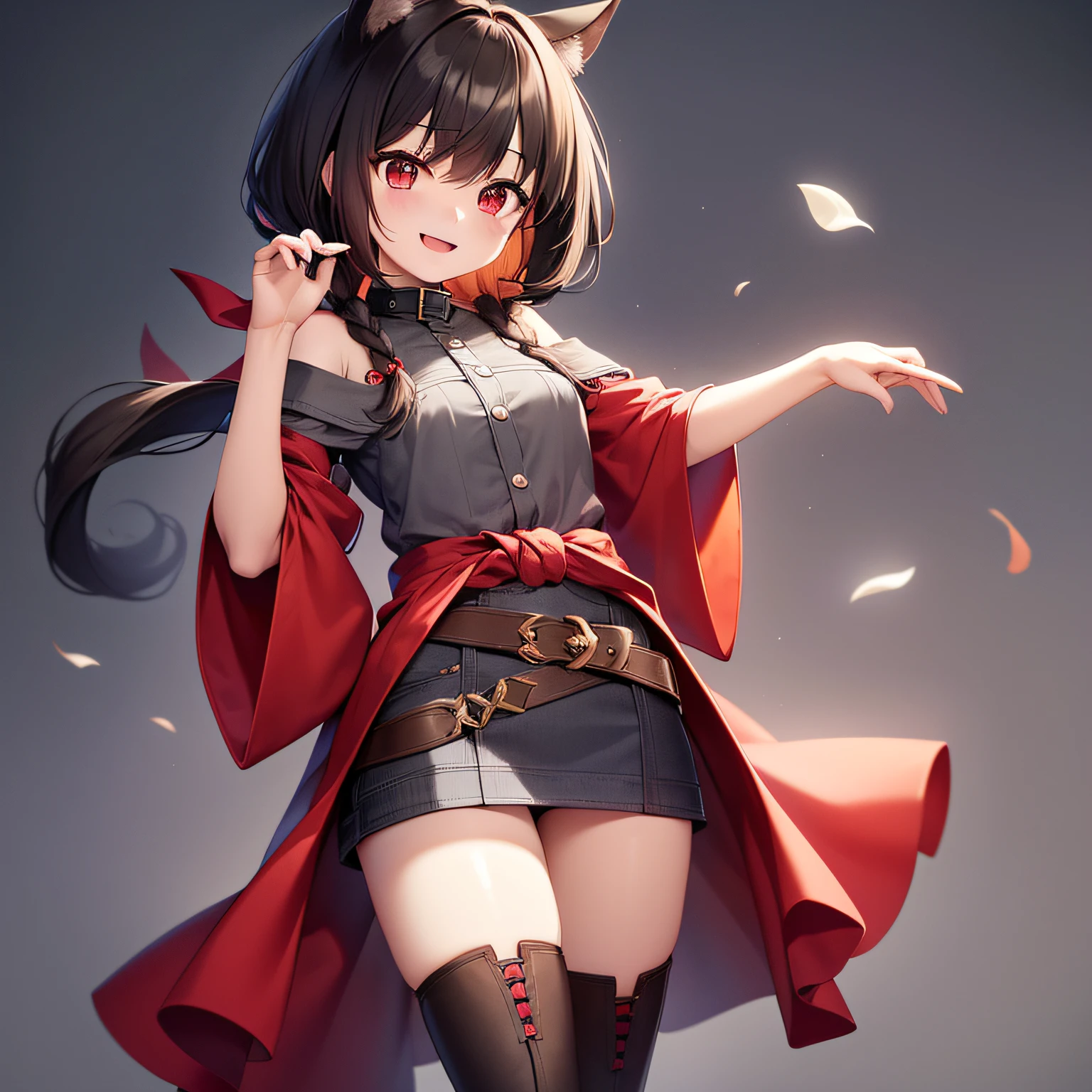 best quality、an extremely delicate and beautiful、((One person))、11yo、(Dark hair)、Gray clothes with vertical buttons、Belt at waist、Gray miniskirt、((ponie tail))、(red hairband)、(Brown boots)、red-eyed、Standing、smile on face、