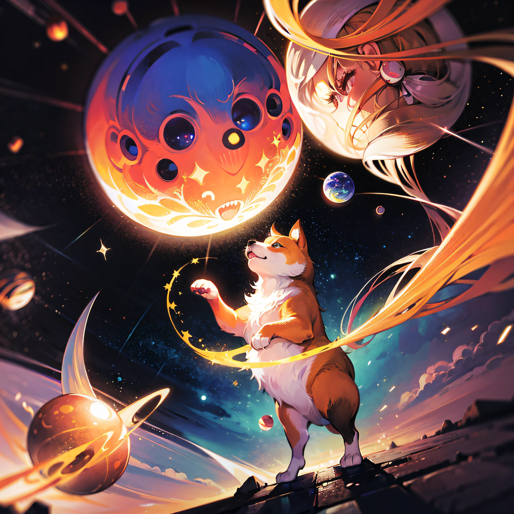 shiba inu, circo, fantasia, clown costume, outer space, galaxia, abstrato, renascentista, da vinte, gigante, marte, sol, estrelas --auto