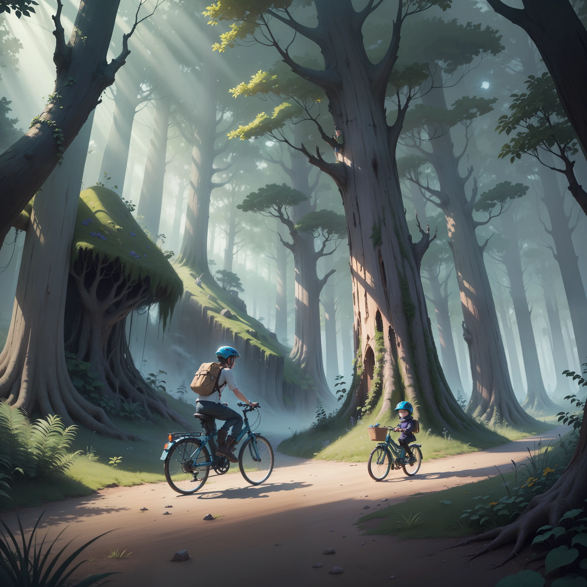 ((obra-prima)), ((melhor qualidade)), A digital illustration depicting a group of ren on their bikes pedaling through a mysterious forest, in the nighttime, em busca de aventura. The tall, shady trees create an intriguing atmosphere, while the light from the flashlights attached to the bikes casts mysterious shadows. A glowing dimensional portal appears among the trees, suggesting a parallel world full of mysteries and dangers. The scene is shrouded in shades of blue and purple, conveying the sense of suspense and wonder that permeates the series. Every detail of the illustration is carefully represented, From the anxious expressions of the childo the smallest details of the enchanted forest. This digital illustration is a true masterpiece, capturing the essence of adventure and the unknown in a captivating and enchanting way.