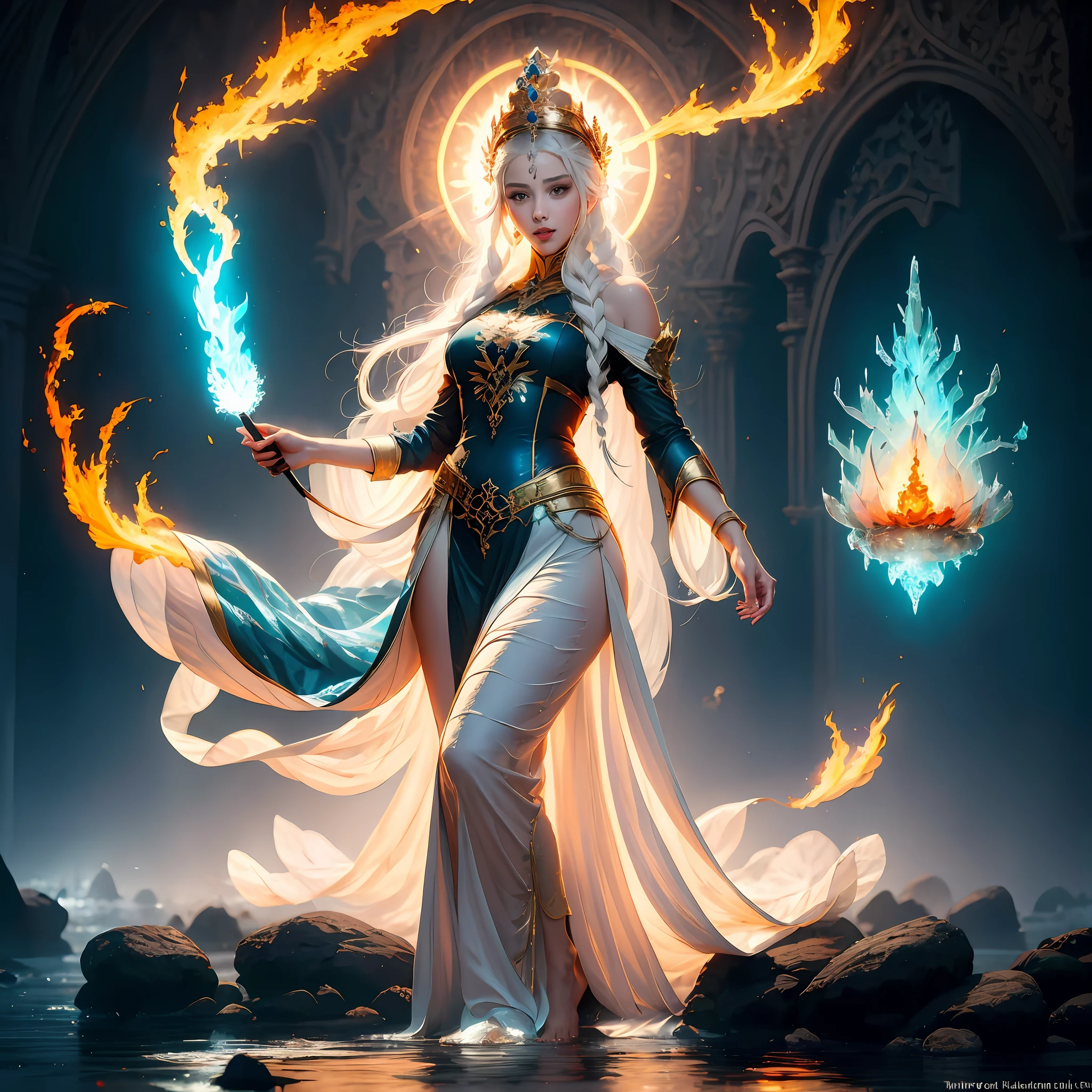 A woman in bizarre costume holding a fiery wand，Full close-up, Standing barefoot in a disc on the water，Fire in the hands，A circle of fire is raging around the body，Mysterious red flame，The background is the world of ice，It's all castles made of ice，A house built with ice，Endless icicles，Wacky ice building，Dark blue light，Spooky atmosphere，Towering spires，Mysterious atmosphere，Art germ on ArtStation Pixiv, Goddess of Light, IG model | Art germ, anime goddess, beautiful celestial mage, white haired deity, cushart krenz key art feminine, a beautiful fantasy empress, concept arts | Art germ, Artgerm style