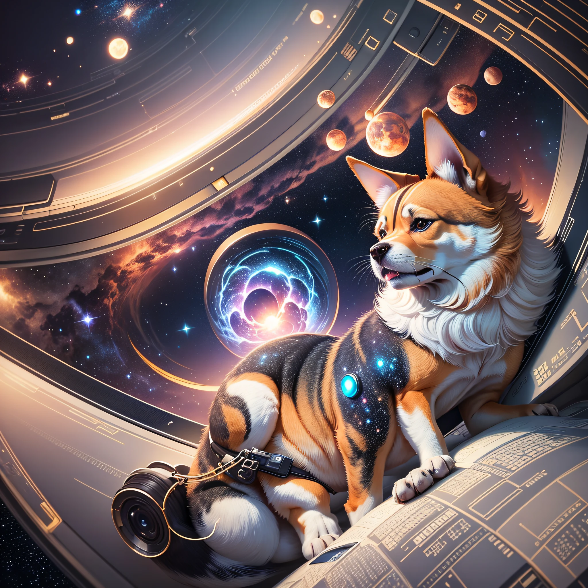 shiba inu, circo, fantasia, clown costume, outer space, galaxia, abstrato, renascentista, da vinte, gigante, marte, sol, estrelas --auto